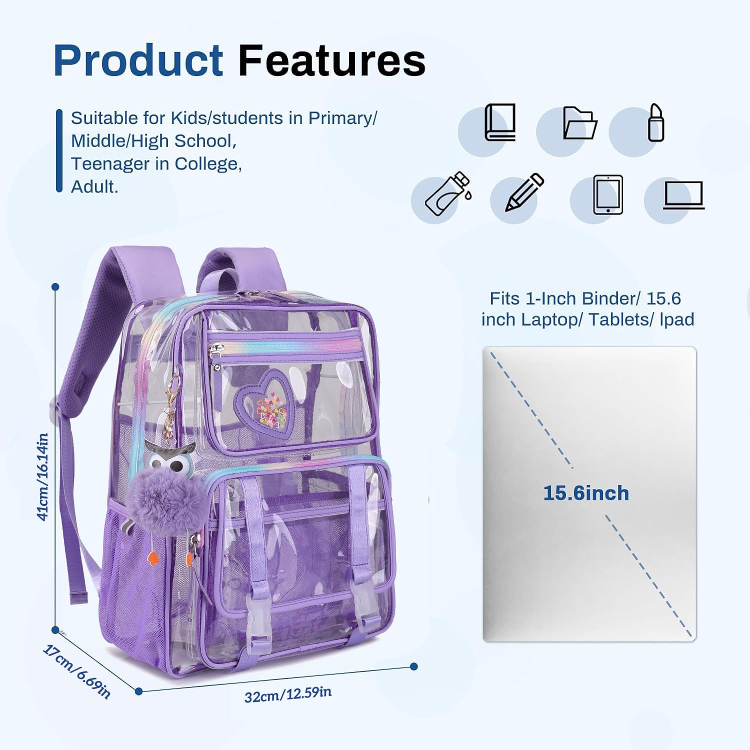 HANXIUCAO Clear Backpack, Clear Bookbag with Pencil Bag Heavy Duty See Through Bag for Primary Students Teenagers College Work Festival Travel (Clear Bag Purple)
