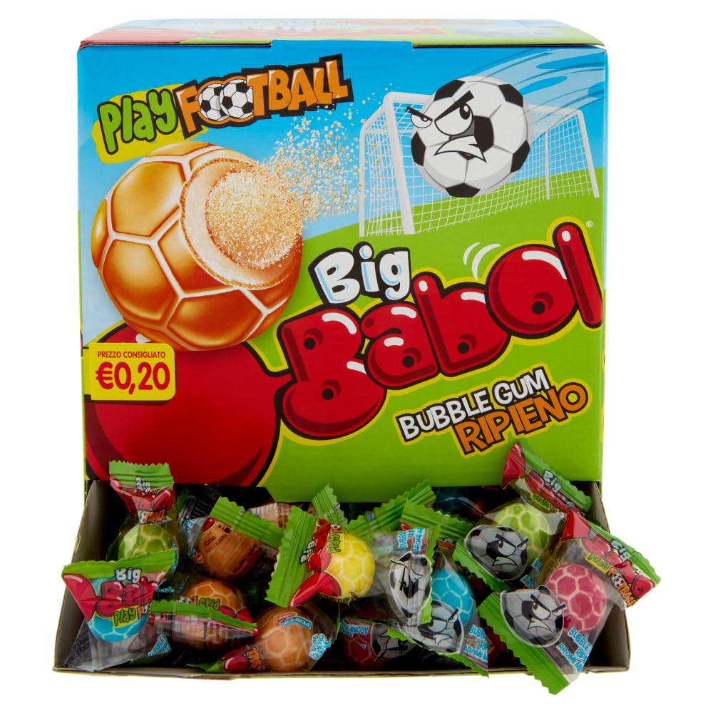 Big Babol Play Football, Chewing Gum morbido, Gusto Fragola, Cola e Limone, senza Glutine, Confezione da 200 Gomme da Masticare Monoporzione, Incartate Singolarmente, per Feste e Compleanni Bambini