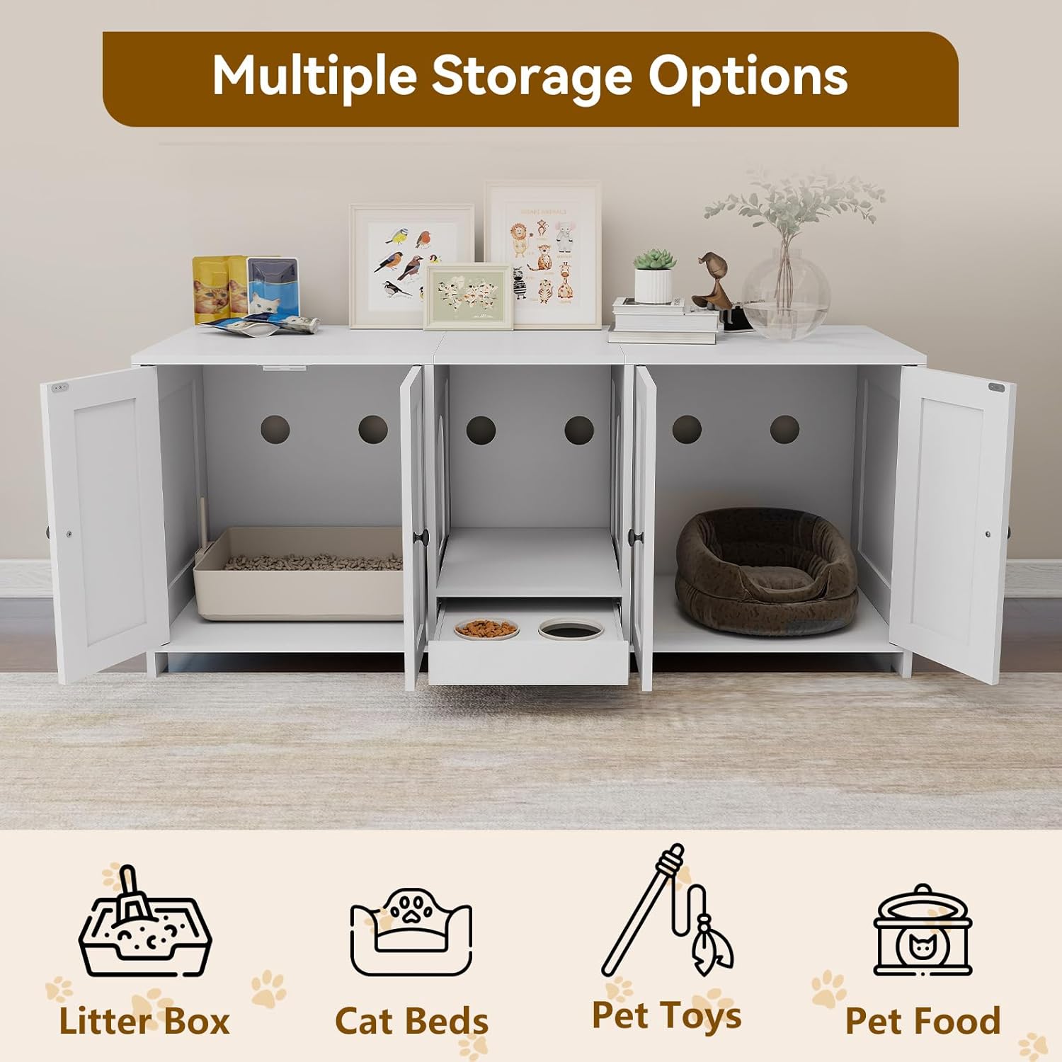 Double Litter Box Enclosure, Hidden Litter Boxes Furniture for 2 Cats, Large Litter Box Cabinet with Cat Feed Station, Cat House, TV Stand, Side Table