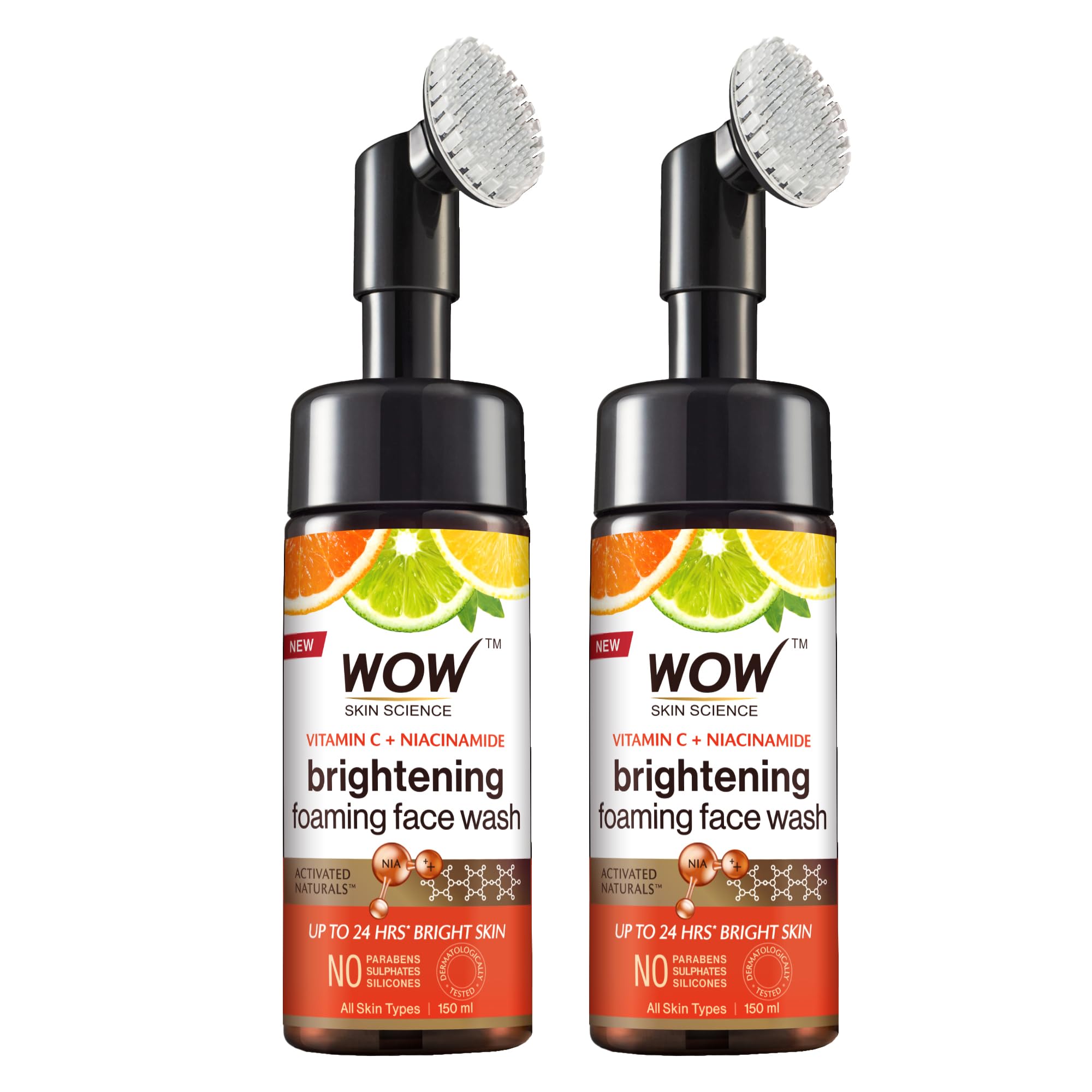 WOW Skin Science Brightening Vitamin C & Niacinamide Foaming Face Wash|For Brighter Glow|Built-in Brush for Deep Cleansing|Brightens & Evens Out Skin Tone|Face Wash for Women & Men|150ml|Pack of 2