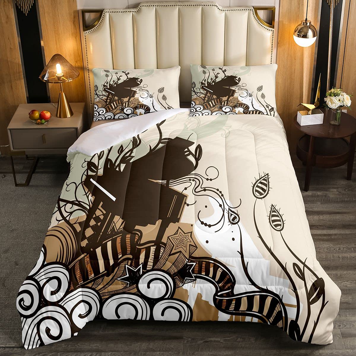 Loussiesd Music Soft Duvet Kids Teens Rock Music Duvet Insert Musical Pattern Vintage Style 3Pcs King Size