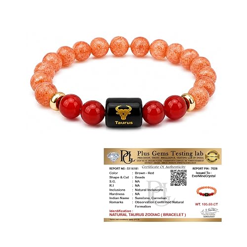 EverMineCrystal Taurus Zodiac Bracelet (ΰ€΅ΰ₯ΰ€·ΰ€ ΰ€°ΰ€Ύΰ€Άΰ€Ώ) | Certified Crystal for Strength, Balance & Confidence | Original Sunstone & Carnelian stone | Astrology Bracelet for Man & Woman | Gift for Man & Woman