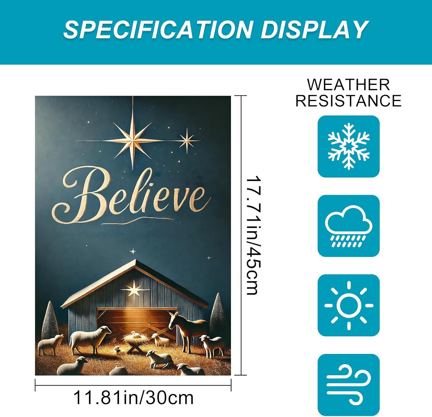 Christmas Nativity Garden Flag 12x18 Double Sided Believe Starry Night Stable Yard Flag Gold Text Blue Background Winter Outdoor Garden Decor Lawn Porch Patio Holiday Banner - Image 3