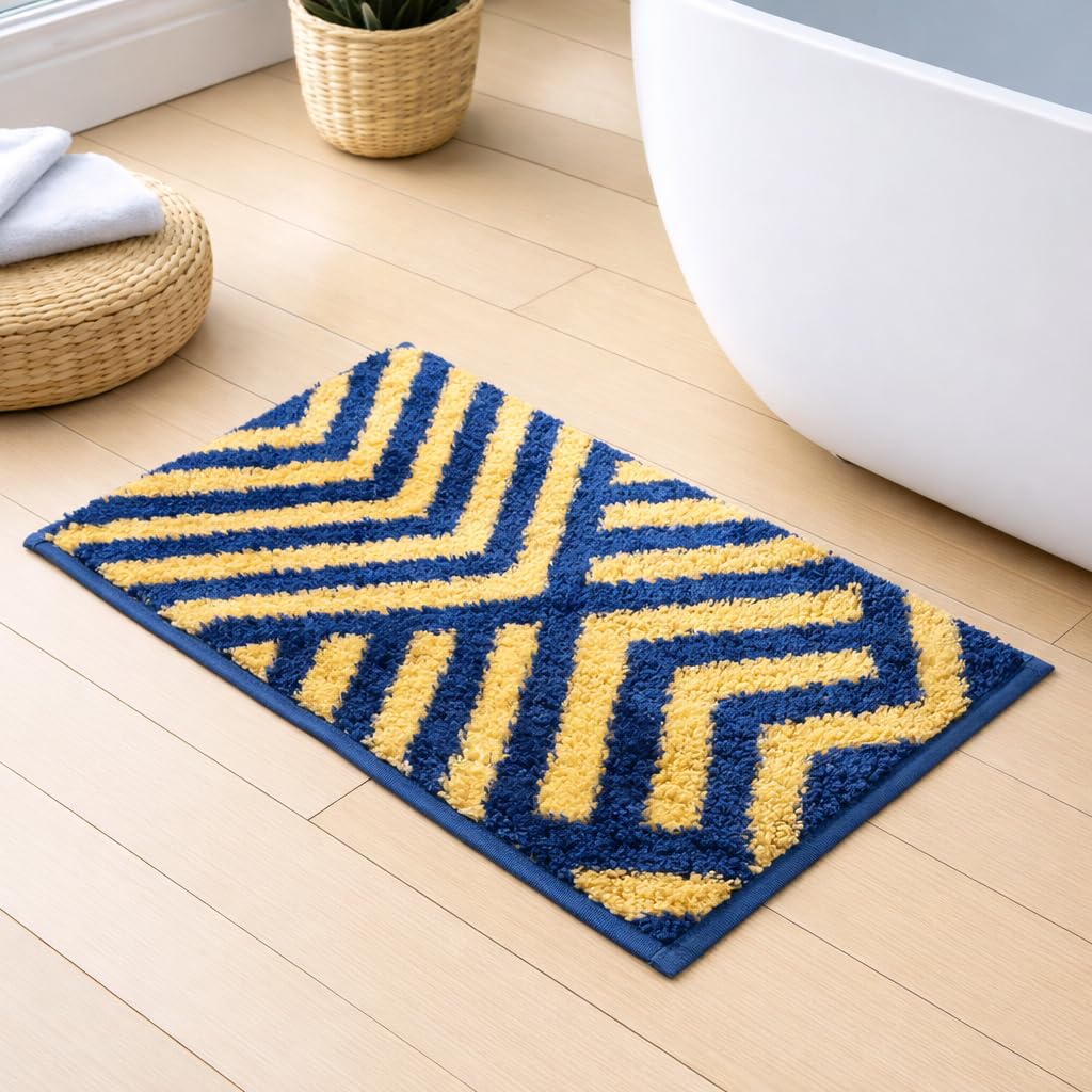 Luxe Home Bath Mat Super Soft Non Slip Anti-Skid Absorbent Kyoto Maze Microfiber Door Mate for Home Floor, Bathroom, Bedroom Entrance, (40x60 cm, Navy) Pack of 1, Rectangular