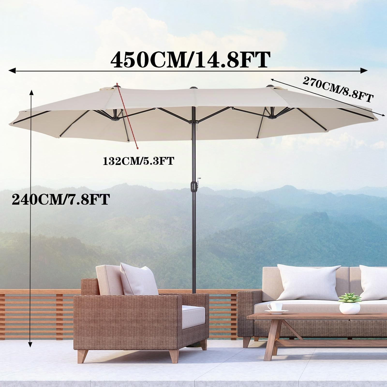 Grand Parasol De Jardin Exterieur,Parasol Rectangulaire,Grand Parasol,Parasol Double Pente Parasol Déporté Inclinable Pour,Piscine,Terrasse, Balcon Parasol(Seulement Le Tissu Parapluie)