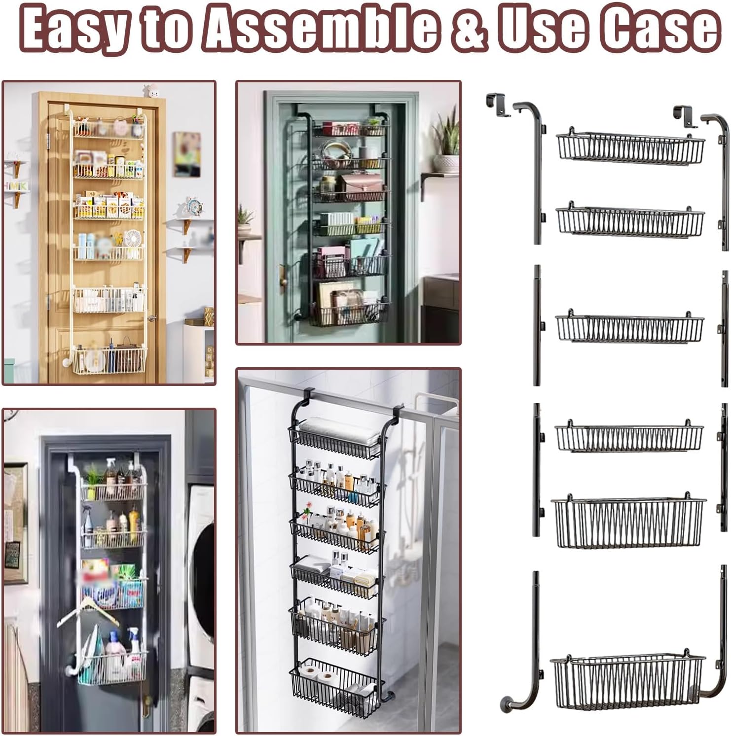 SRNSAEB Black White Over The Door Pantry Organizer 4 6 Tier Hanging Baskets, Detachable Behind The Door Storage Shelf for Kitchen/Bedroom/Dorm, Carbon Steel Door Spice Rack Narrow(Black,6 Tier)