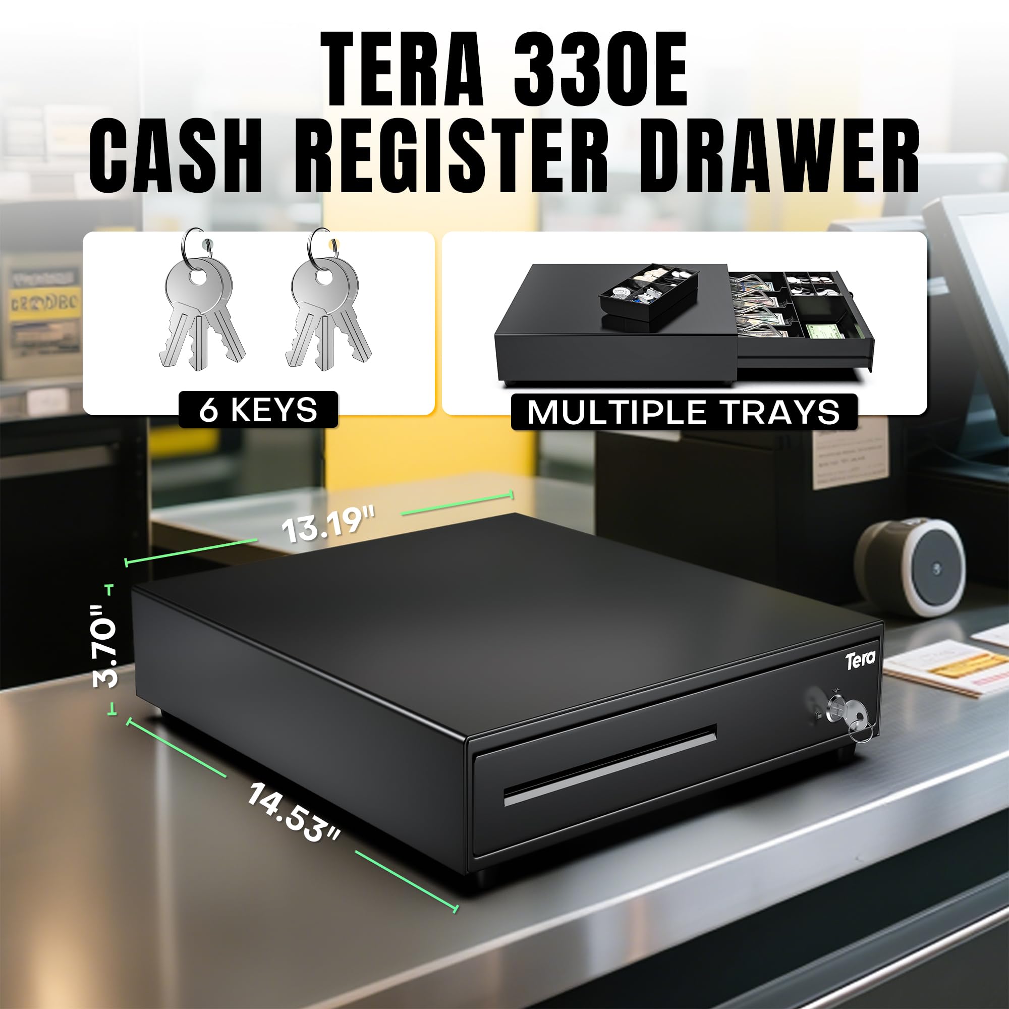 Tera Tiroir de caisse enregistreuse de 33 cm : 5 billets 8 pièces pour système de point de vente, 6 clés, ouverture automatique, compartiment amovible avec fente média 24 V RJ12, plateau à monnaie