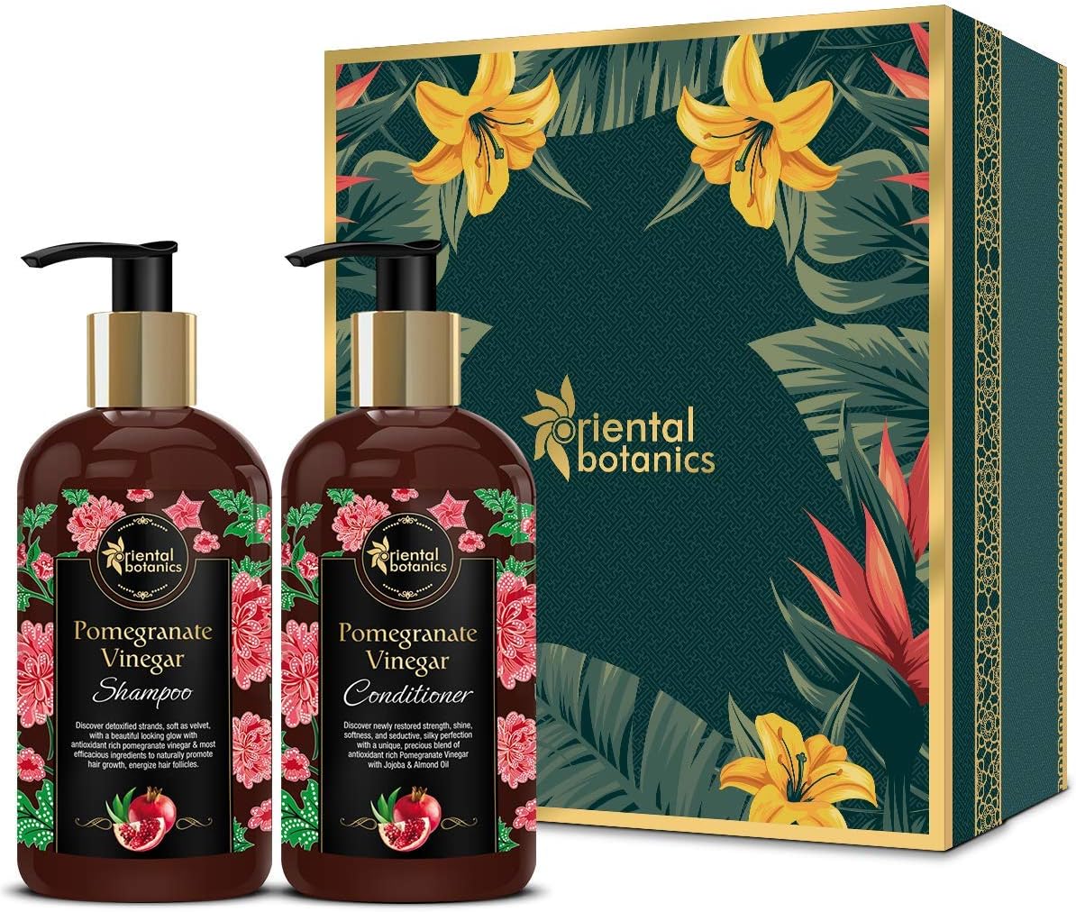 Oriental botanics Pomegranate Vinegar Shampoo 300 ml + Pomegranate Vinegar Conditioner 300 ml (set of 2) with Pomegranate Vinegar that Protects & Strengthens Hair | Cruelty Free & Vegan | Paraben Free