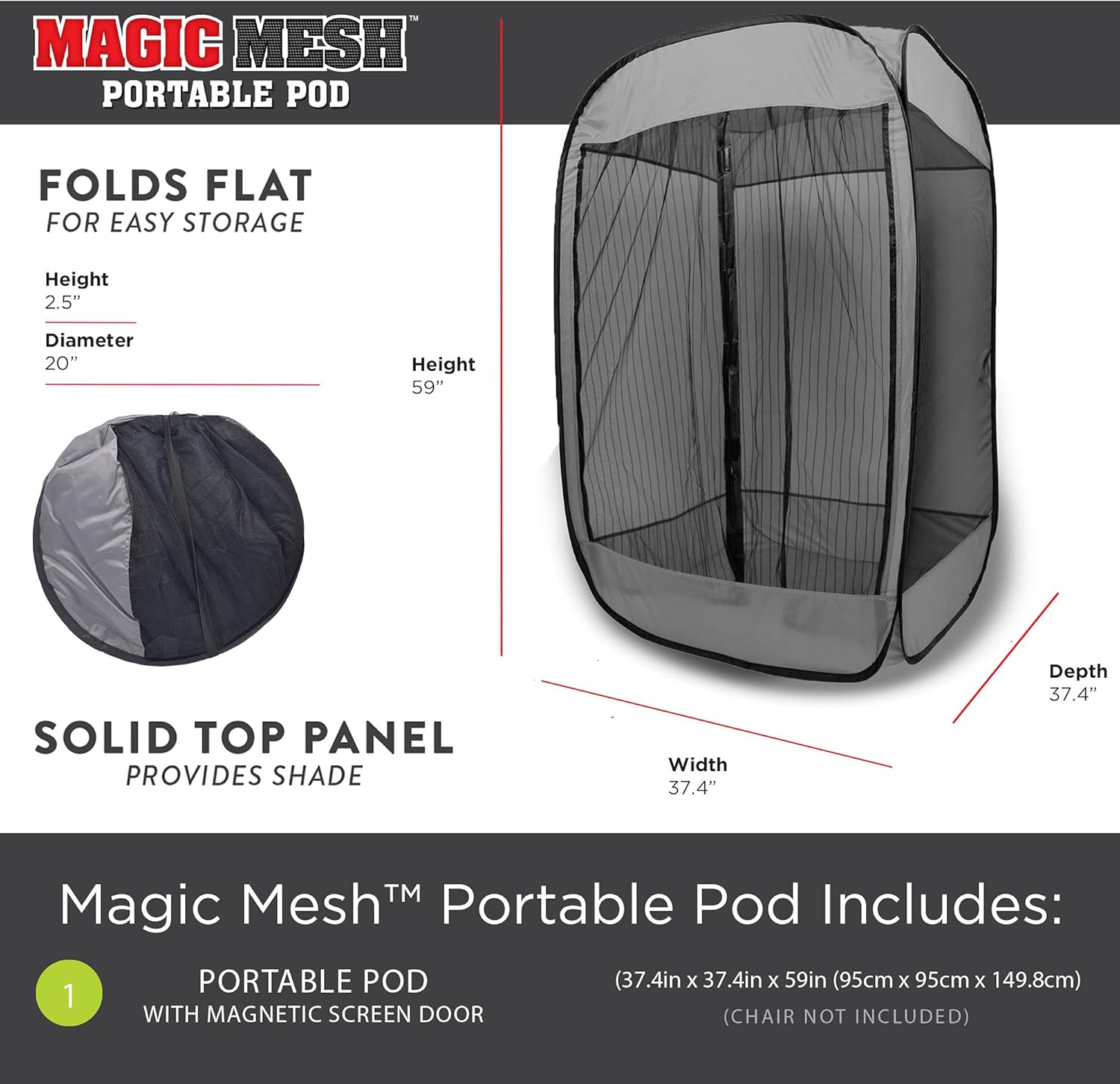 Diagram showing the Magic Mesh Portable Pod folded flat for storage, with dimensions.