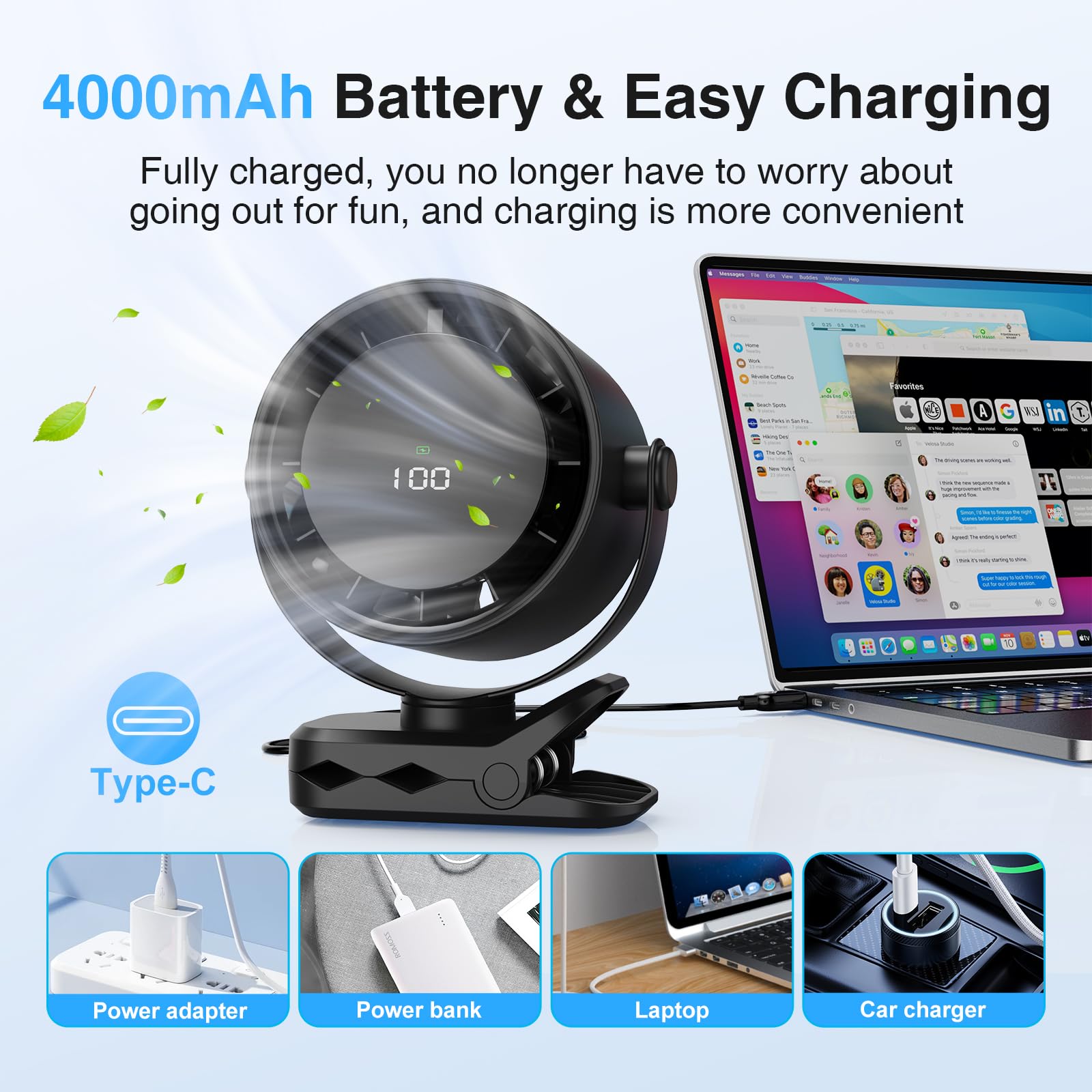 AWANFI USB Ventilator mit Akku, Clip Ventilator 360° Oszillation für