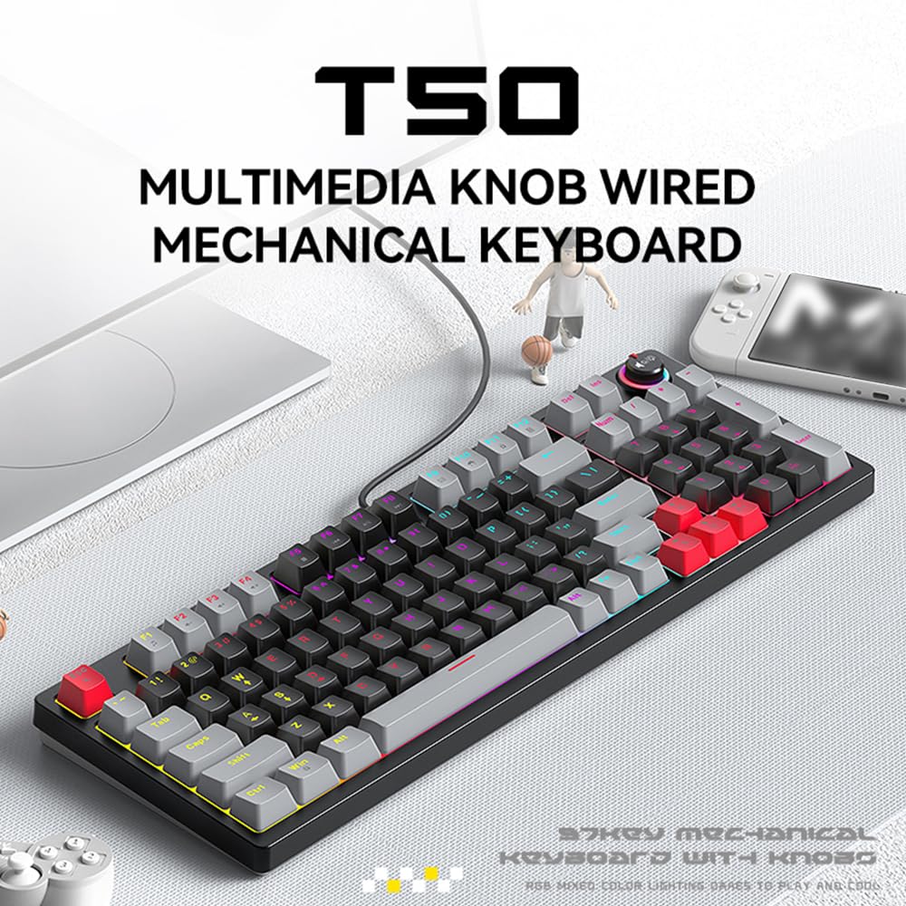 Clavier de Jeu Mécanique RVB, 97 Touches de Haute qualité, Design Compact, pour Le Bureau et Les Jeux, USB, Noir et Gris (Noir et Gris)