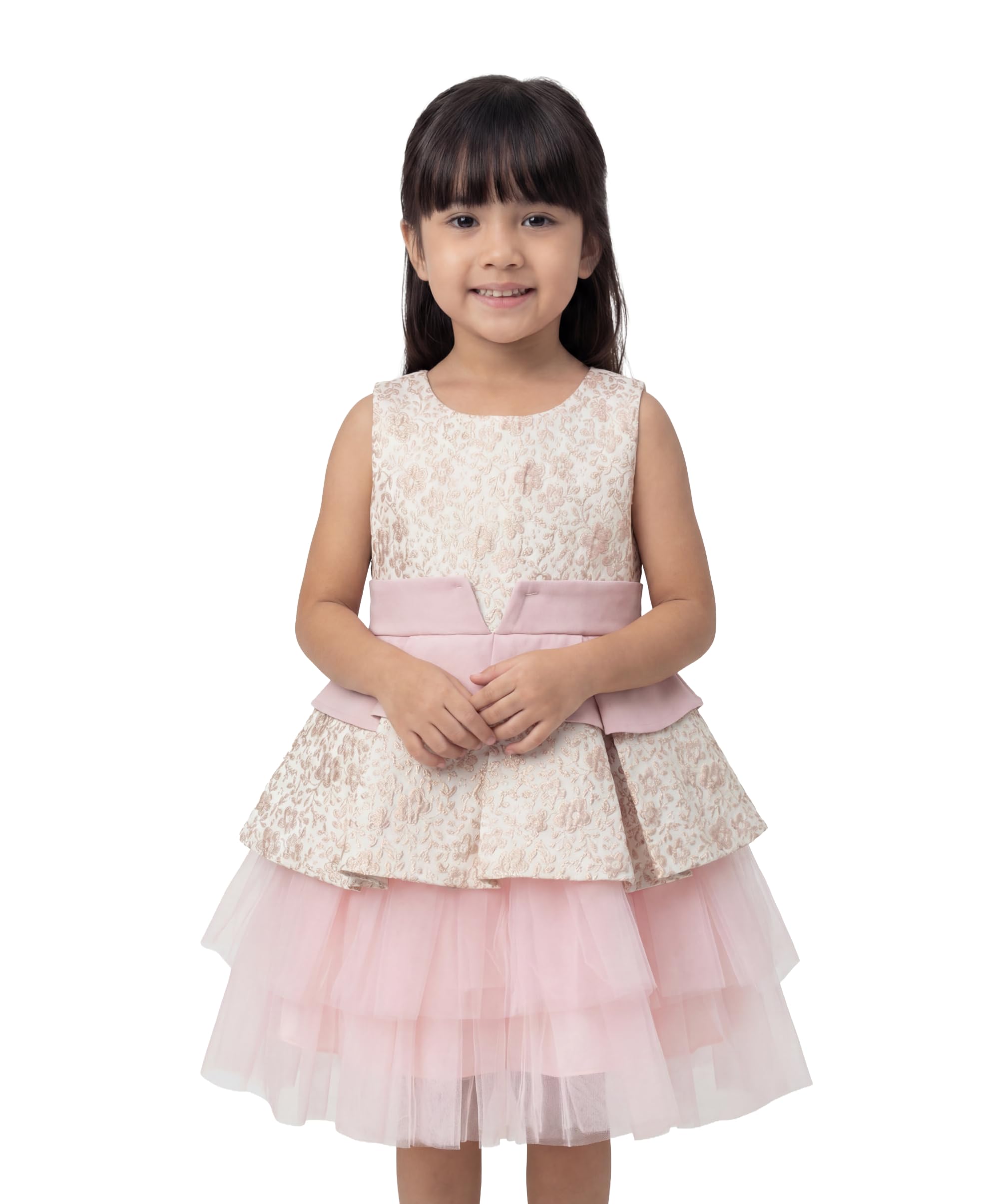 SIRRI Abito da Festa Rosa Jacquard per Bambina con Gonna in Tulle e Fiocco Removibile.
