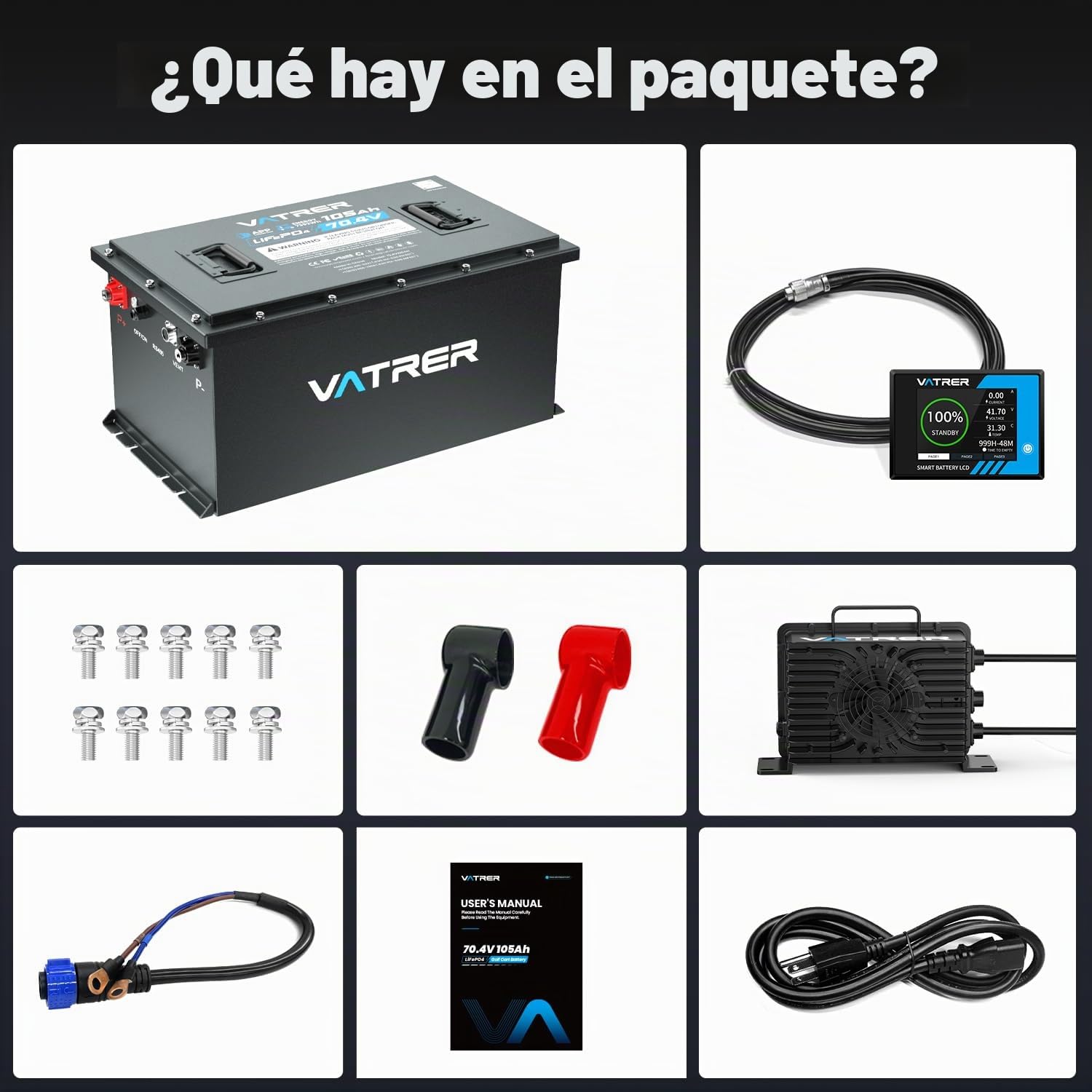 VATRER POWER Batería LiFePO4 72V 105Ah Carrito Golf, Pantalla Táctil | App Bluetooth · BMS inteligente de 200 A · Compatible con Club Car, EZGO, Yamaha, Garia, Melex e Italcar