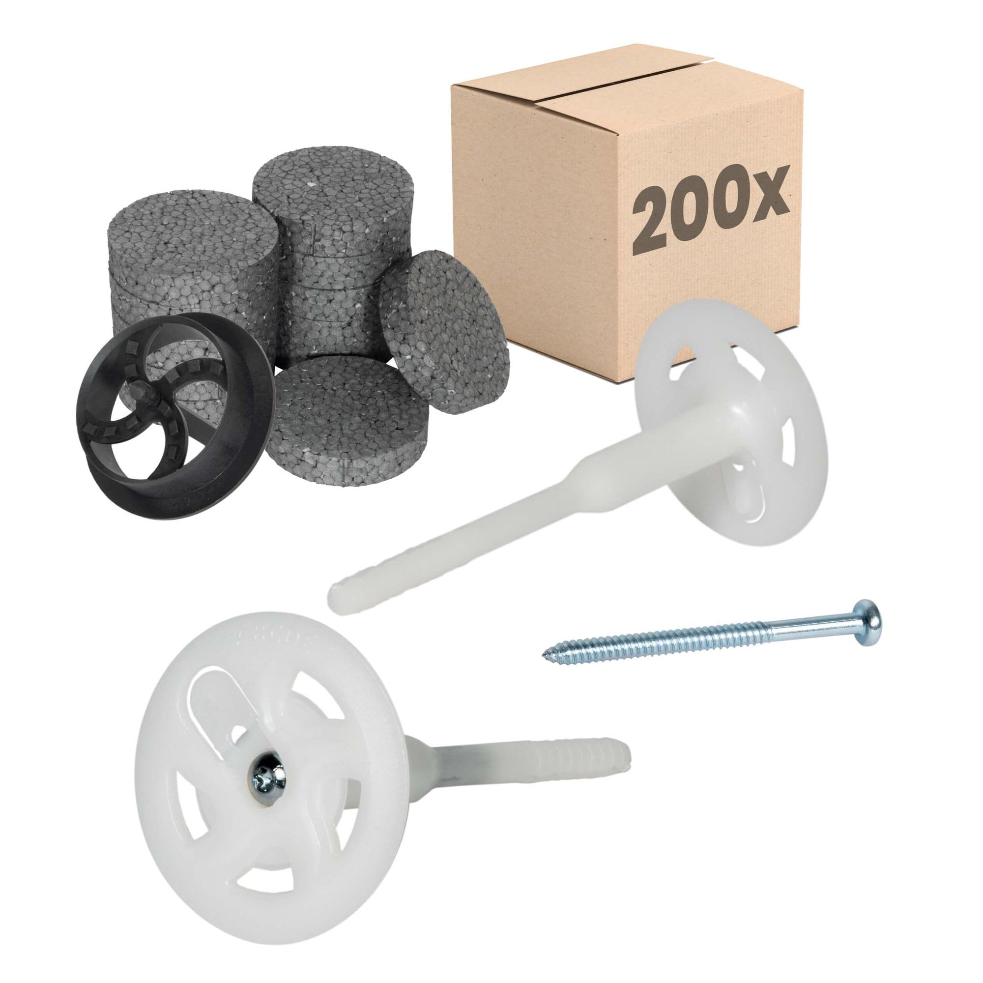 PROTEKTOR 200x Taco atornillable, 200 arandelas+fresa Ø8 x 120mm | Taco SATE para aislamiento de fachada, para poliestireno y lana mineral, taco de disco, taco aislante