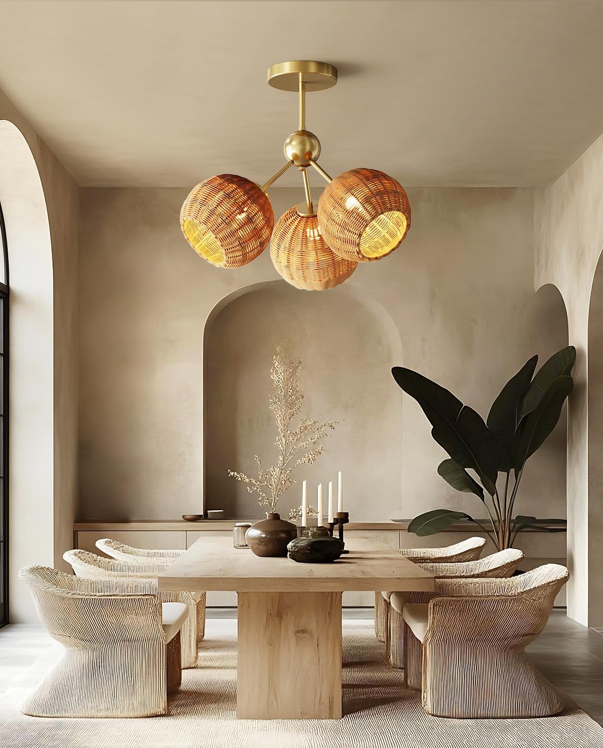 Boho Rattan Ceiling Light, Semi Flush Mount Vintage Ceiling Light Fixture with 3 Lights, Unique Design Gold Flush Mount, E26 Base