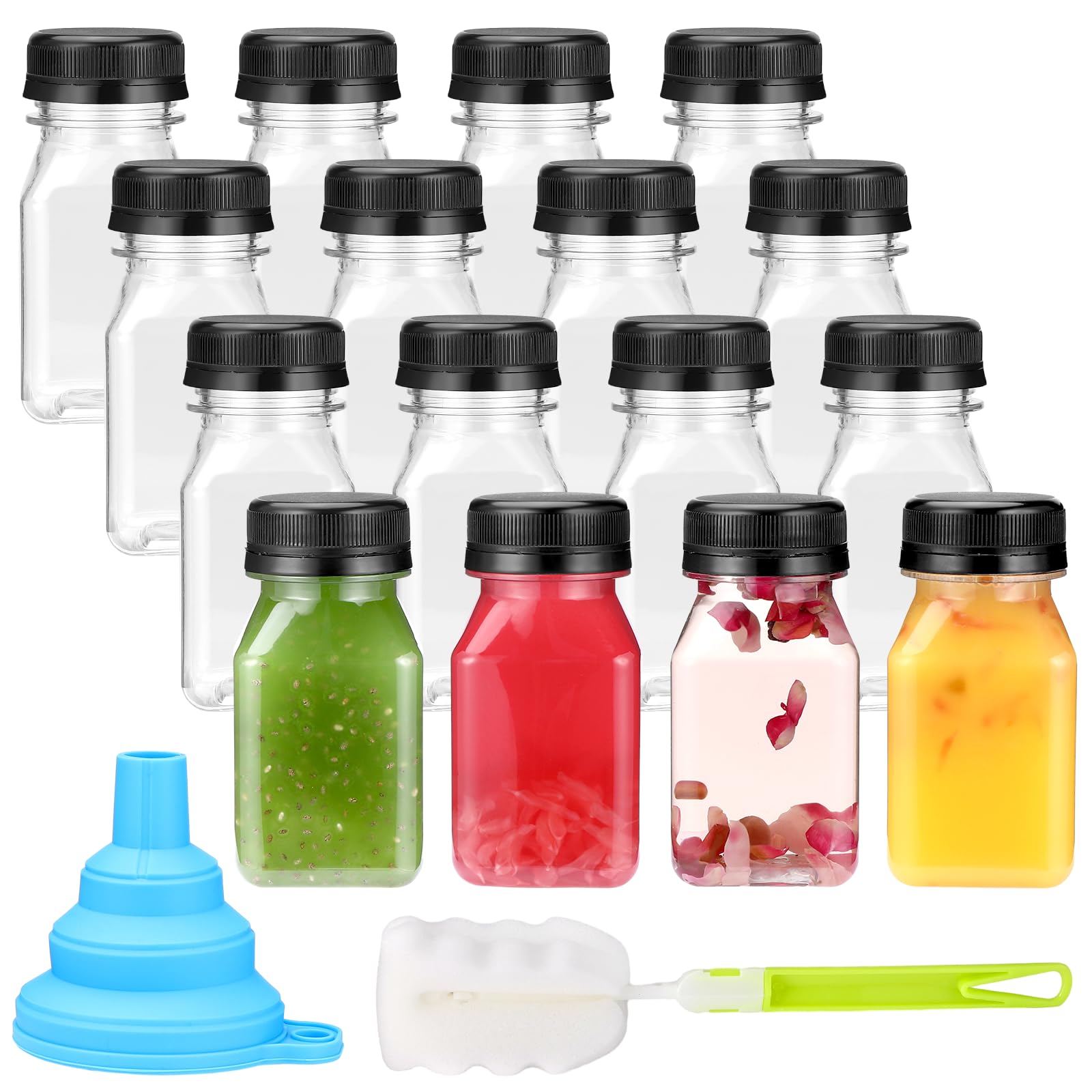 16-Pack 120ml Plastic Juice Bottles with Lids, Empty Clear Drink Bottles with Funnel and Brush, Ideal for Smoothies, Milk, Water Beverages