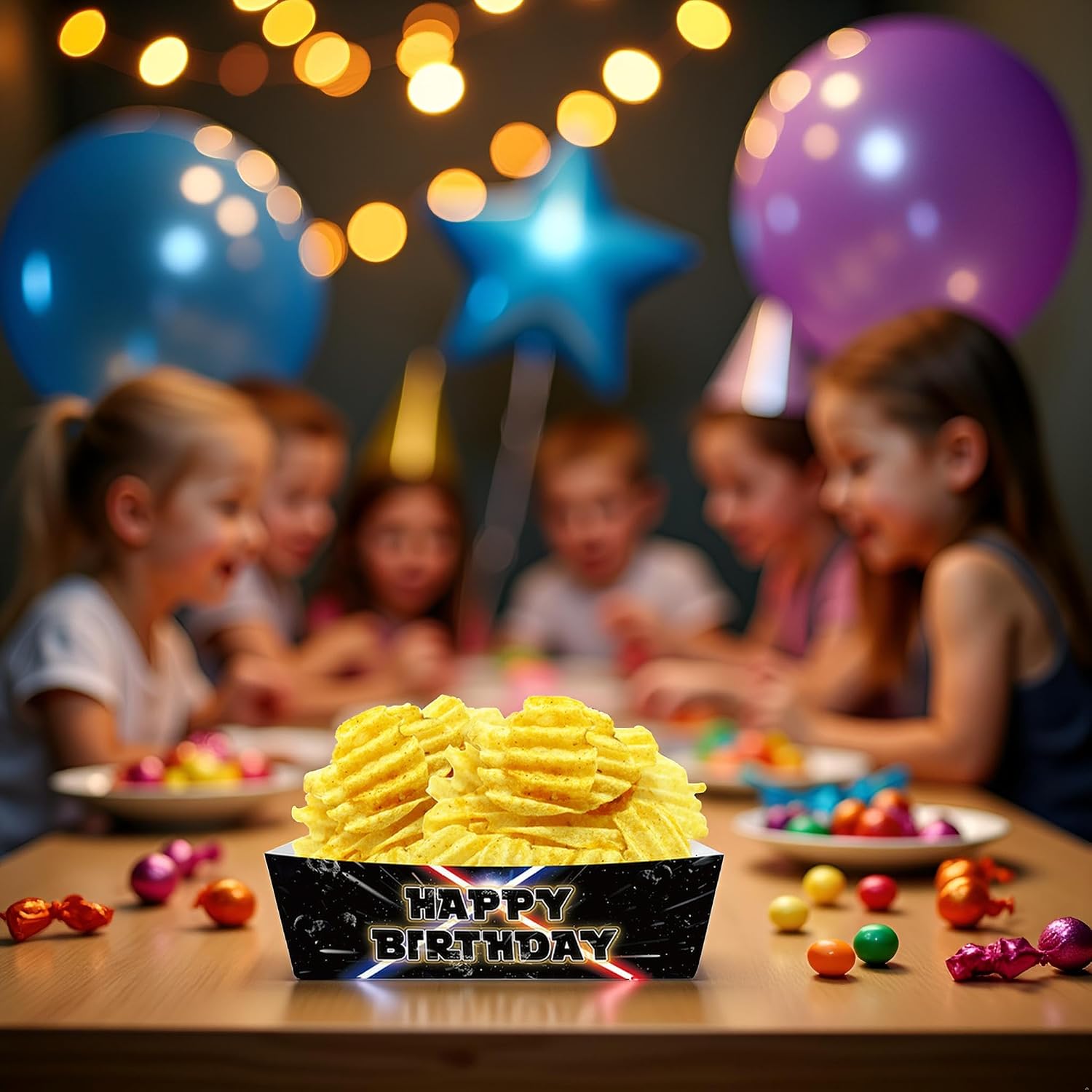 TSUBI 24 Pcs Galaxy Movie Star Themed Disposable Paper Food Trays Snack Bowls Birthday Decorations, Star Theme Birthday Party Supplies Hot Dog Movie Snack Trays.