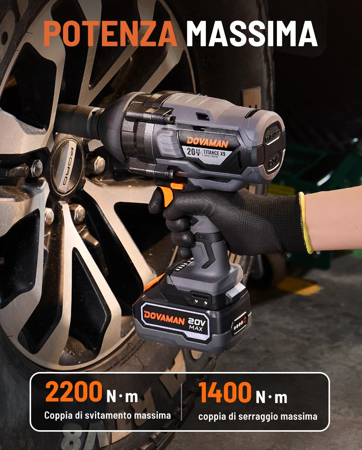 DOVAMAN TITANCE X9 Avvitatore a Impulsi Brushless 20V, Coppia Massima 2200Nm, Chiave a Impatto 3/4'', con Batteria 4.0Ah e Caricabatterie, Per Uso Gravoso e Intensivo