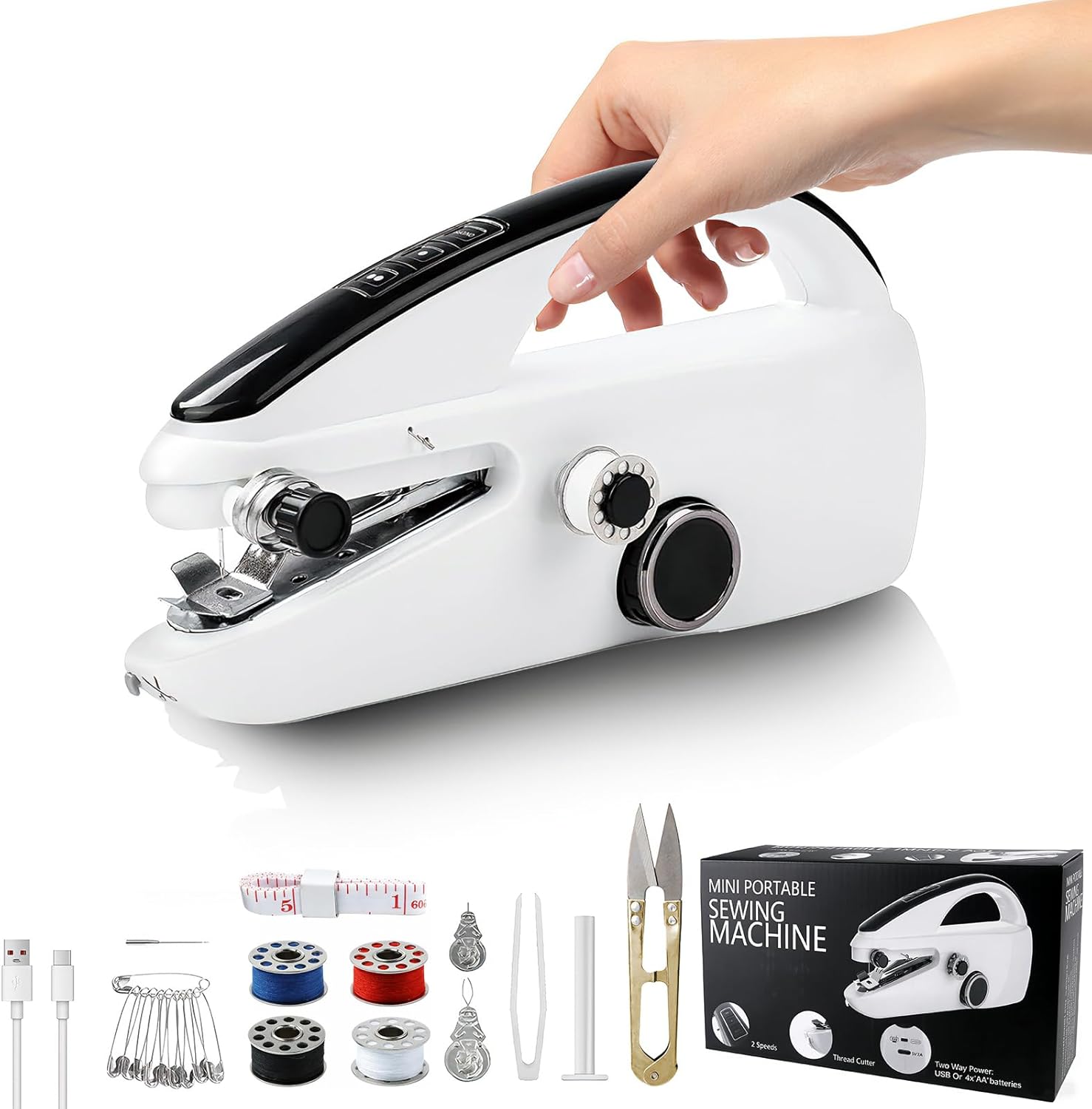 Handheld Sewing Machine, Mini Hand Held Sewing Machine for Beginners, Hand Sewing Machine for Clothes Fabrics Repair Home DIY, Portable Hand Hemming Stitching Machine
