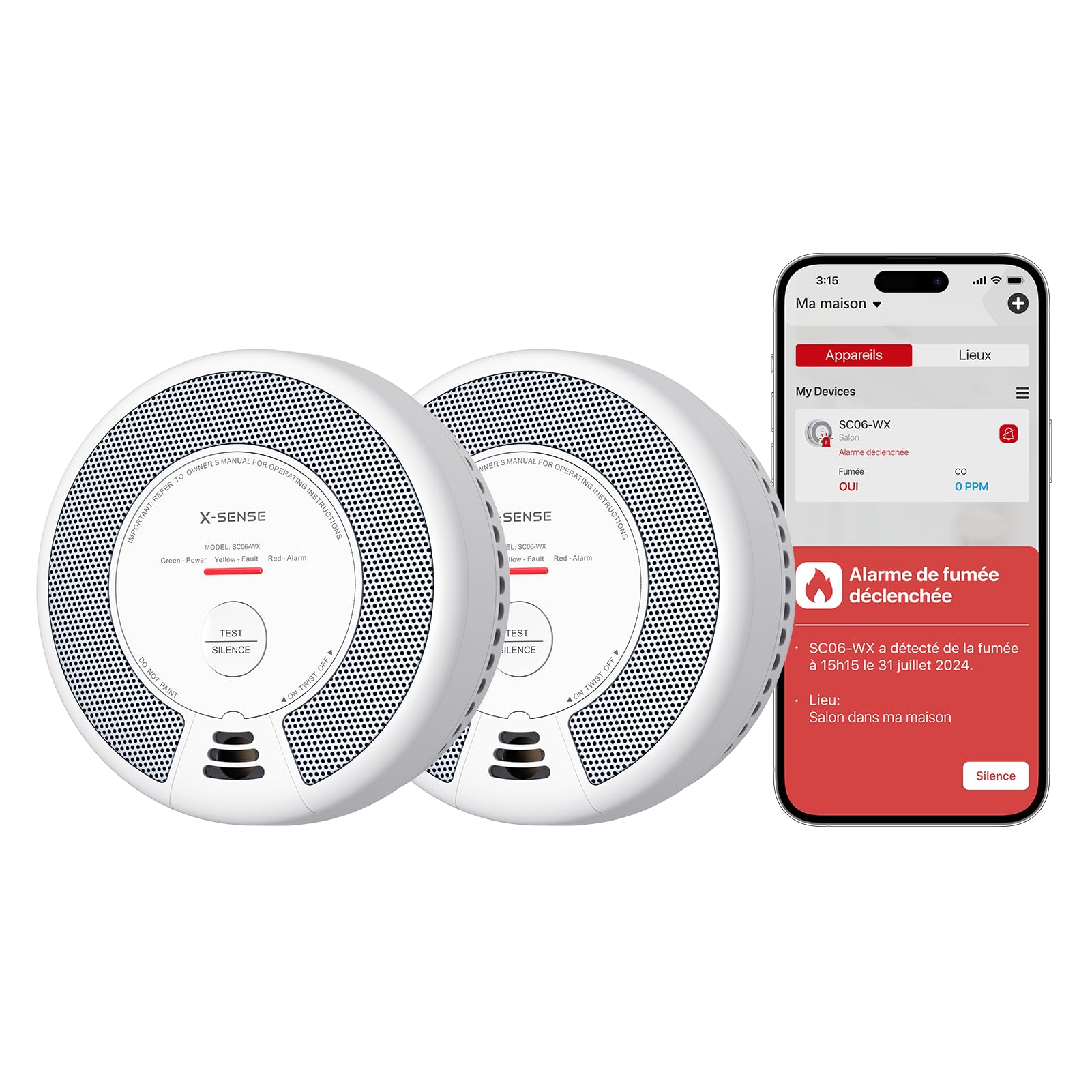 X-Sense X-Sense Wi-FI Détecteur de Fumée et de Monoxyde de Carbone Connecté avec Pile remplaçable, Détecteur Combiné Intelligent Compatible avec l’Application X-Sense Home Security, SC06-WX, Lot de 2