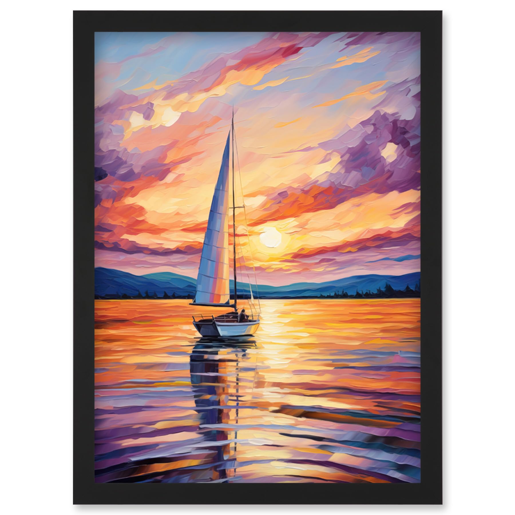 Artery8 Sunset Sailing Vibrant Oil Painting Orange Purple Blue Bathroom Artwork Sail Boat Seascape Artwork Framed Wall Art Print A4