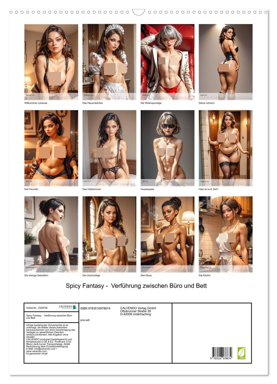 CALVENDO - Spicy Fantasy - Verführung zwischen Büro und Bett (Wandkalender 2027 DIN A2 hoch), Monatskalender: Ein heißer Kalender mit sexy Comic-Frauen, die zu Hause und im Büro freizügige Fantasien W