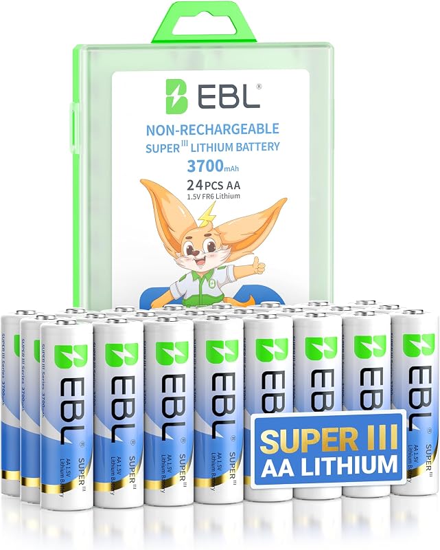EBL AA Baterías de litio 3700 mAh, paquete de 24 no recargables 1,5 V batería doble A de mayor duración mejorada Super Ⅲ baterías AA de litio para cámara parpadeante, timbre, cerrojo de cerradura inteligente