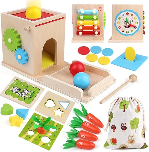 Juguetes Montessori de madera 8 en 1 para bebé, kit de juego de madera incluye caja permanente de objetos, caja de monedas, cosecha de zanahoria,
