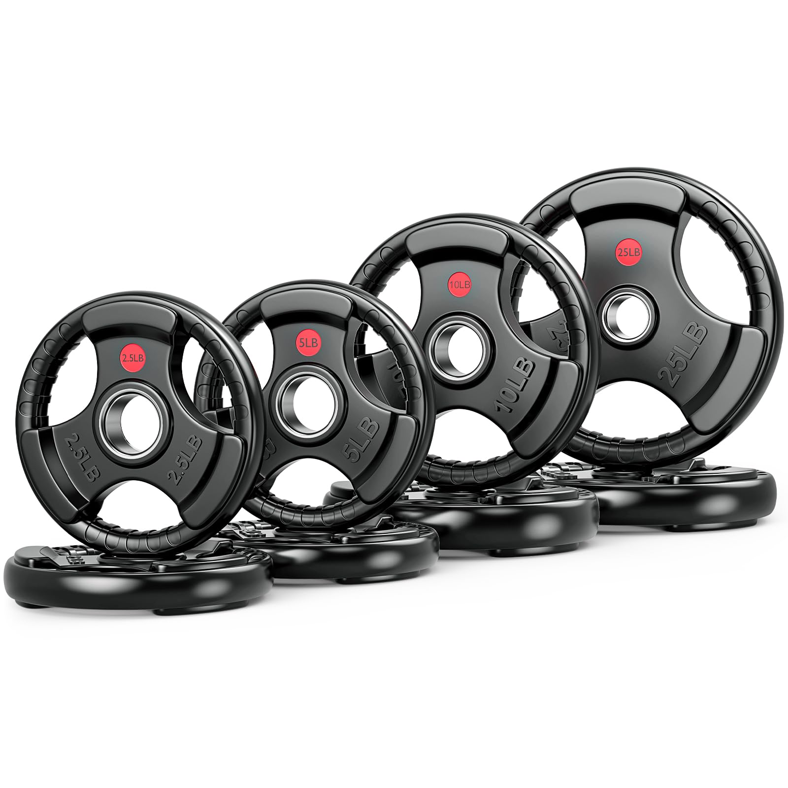 Gikpal Olympic Weight Plates, 2-Inch Three-Grip Rubber Coated Barbell Plates with Steel Hub, Cast Iron Weights for Strength Training & Home Gym, Pair