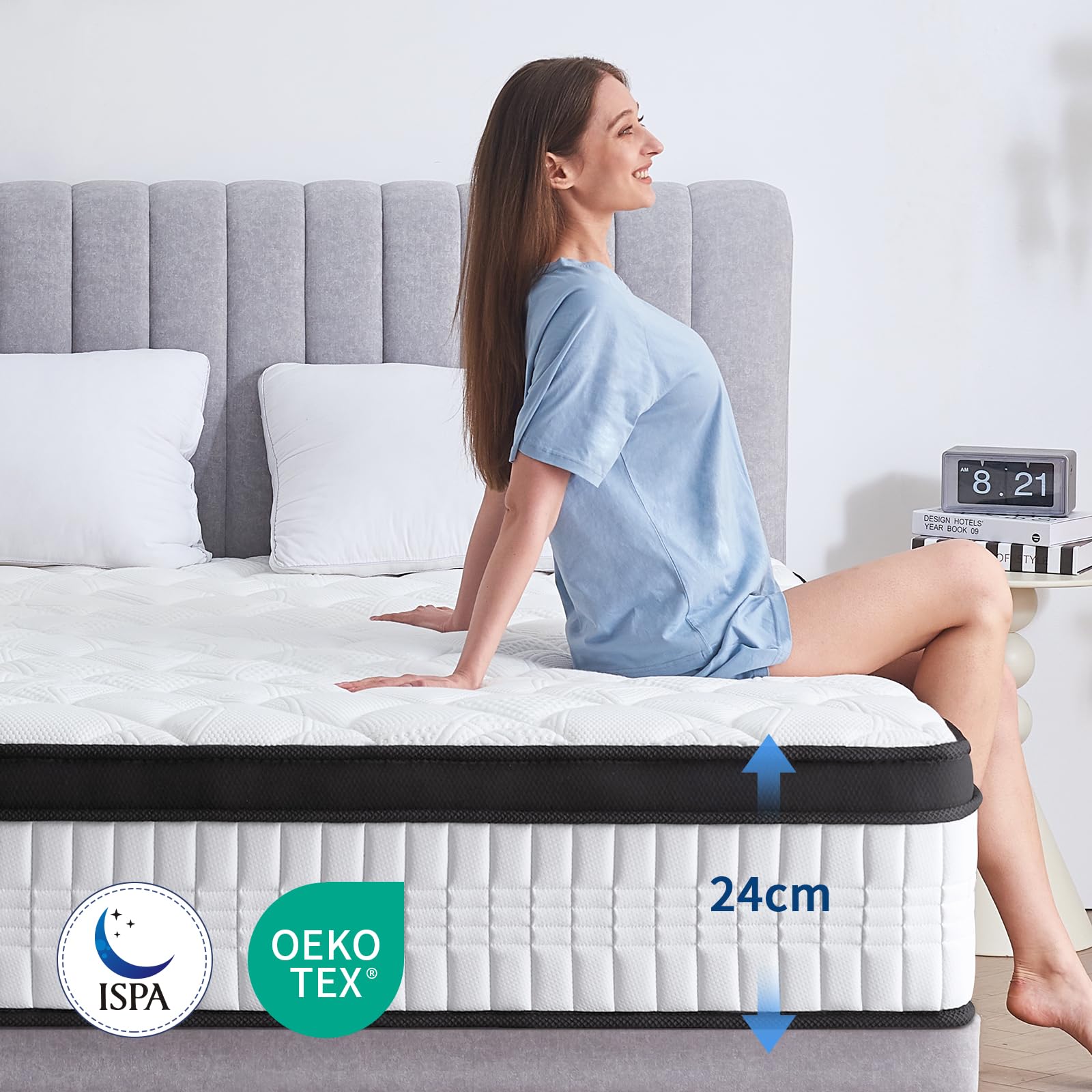 Matratze 90x200 cm Höhe 24cm, H3 H4 Mittelfest Orthopädische 7-Zonen Federkernmatratze 90x200 mit Komfortschaum Öko-Tex Zertifiziert, 480 Taschenfedern pro 2 m²