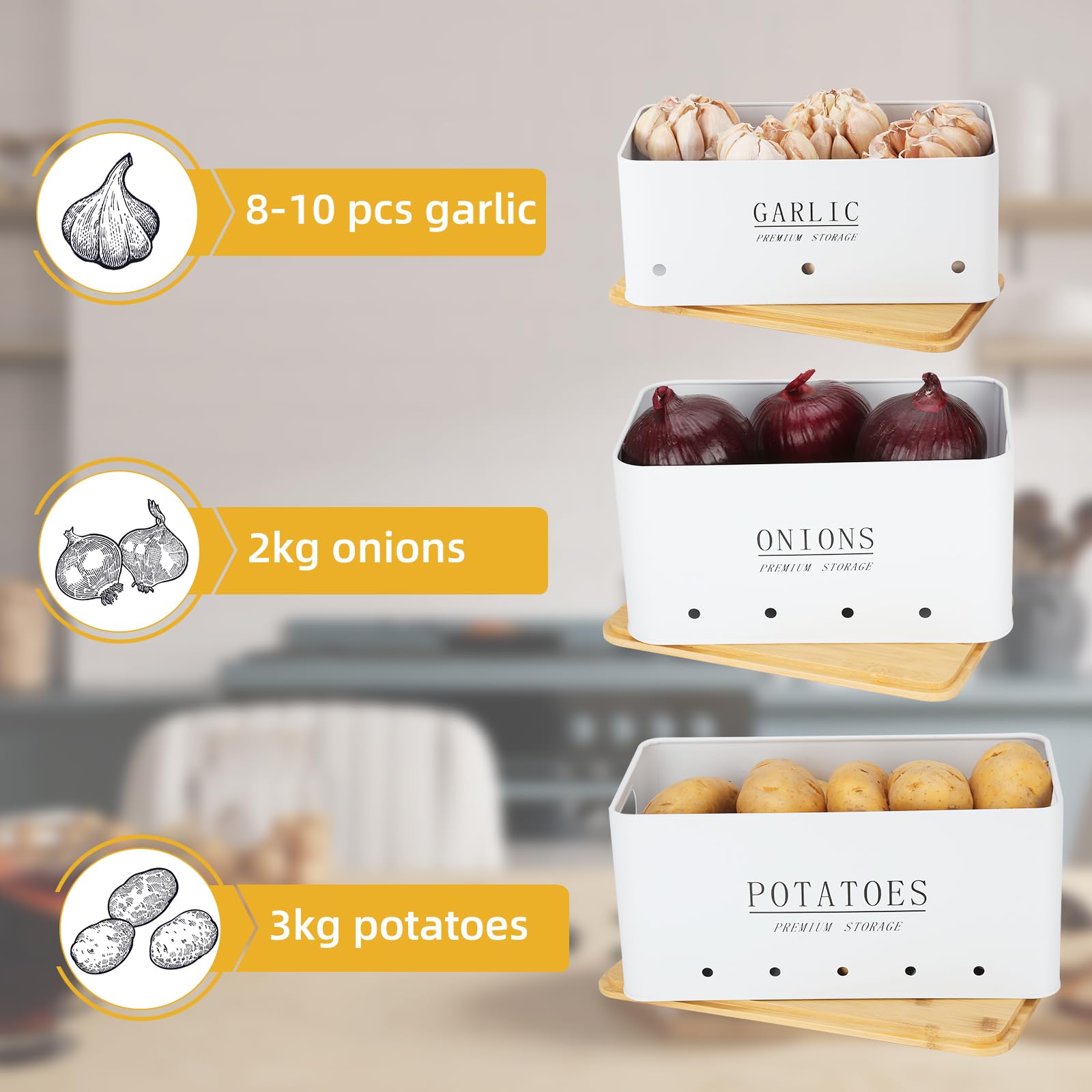 Caja Para Guardar Patatas - [Juego de 3] Tarros de Patatas Tarro de Cebolla Tarro de ajo - Almacenamiento Cocina con Tapa de bambú y Orificios de Ventilación - Blanco