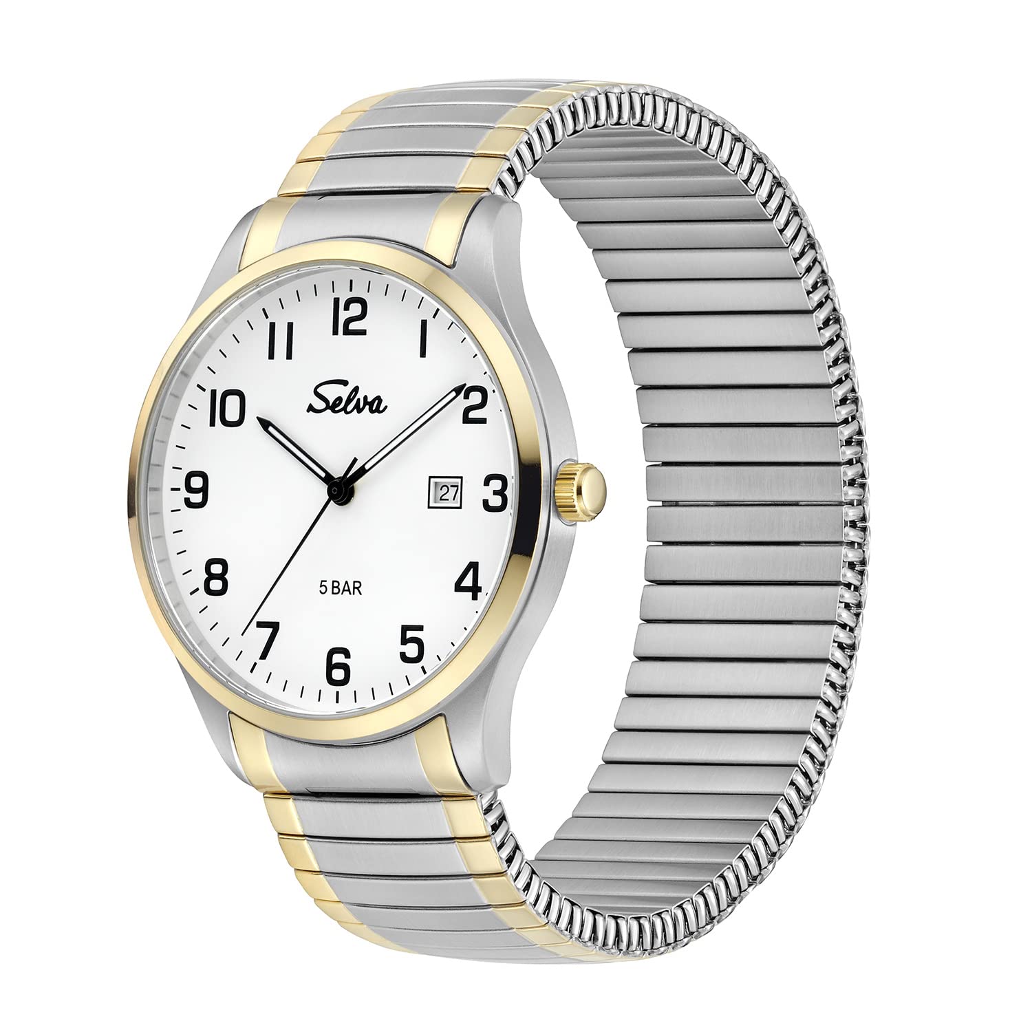 SELVA Orologio da polso da uomo, al quarzo, cassa in acciaio inox, cinturino flessibile in acciaio inox, 5 bar