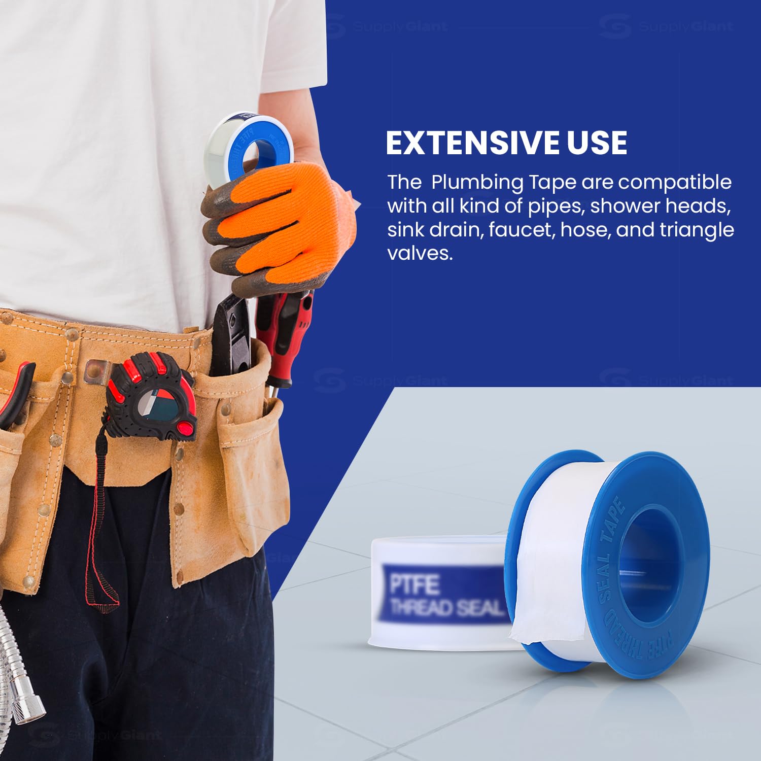 Supply Giant Plumbers PTFE Tape 1/2" W x 260" L Pipe Thread Tape, High Density Thread Sealant Tape Water Seal Plumbing Tape for Shower Head, Pipes, Gas Lines, Leak Prevention