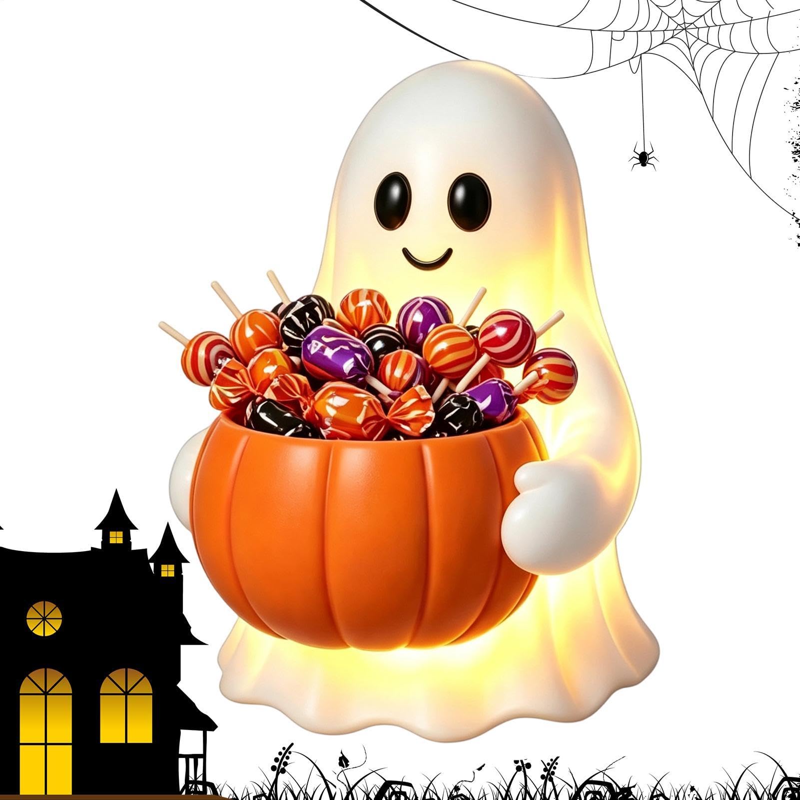 Miska na słodycze w kształcie ducha dyni na Halloween, światło LED, dekoracja świąteczna