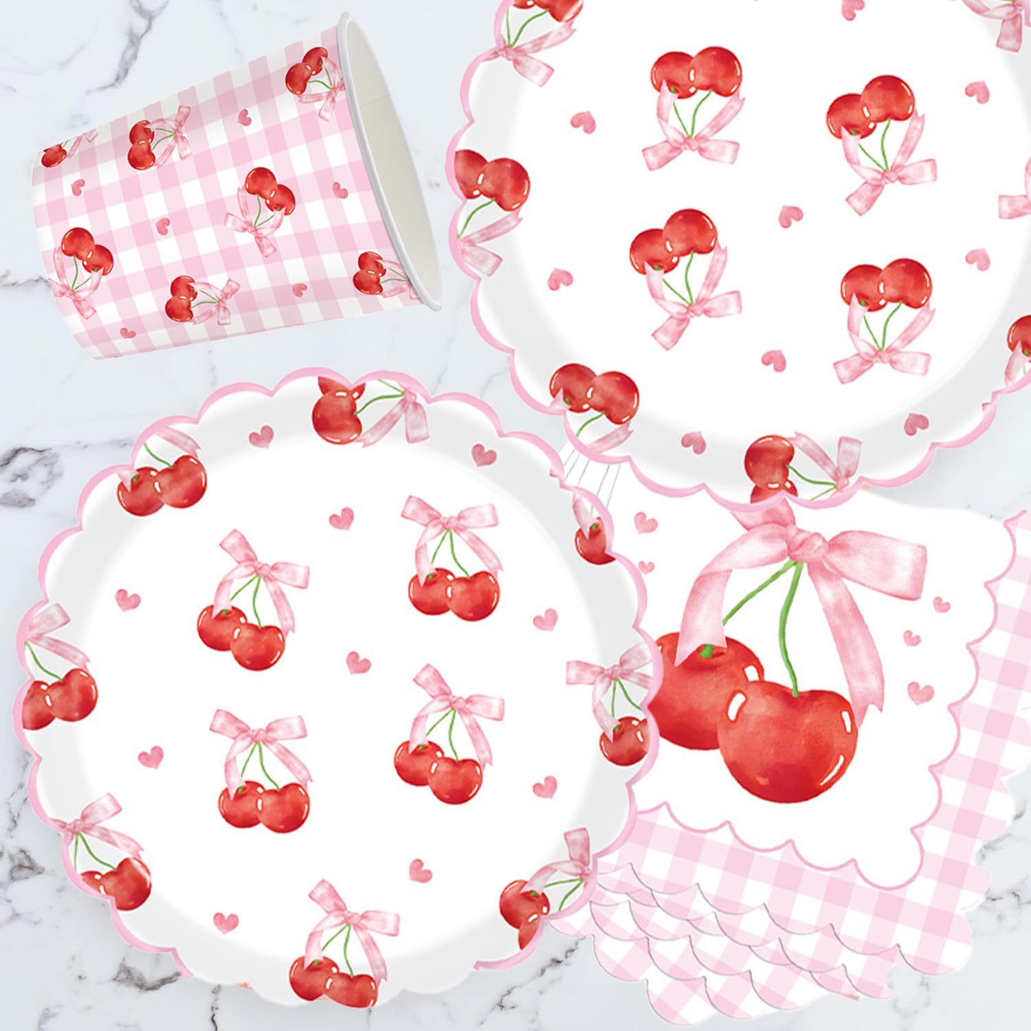 61 pezzi rosa Lace Cherry stoviglie per feste di compleanno delle ragazze, include piatti di carta, bicchieri di carta, tovaglioli di carta e tovaglie per una festa di compleanno per 20 persone