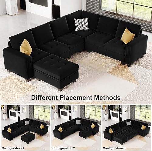 Miniatura 7 de Belffin Sofá modular de terciopelo con almacenamiento otomano de 6 plazas en forma de L, sofá modular modular con diván reversible, sofá seccional