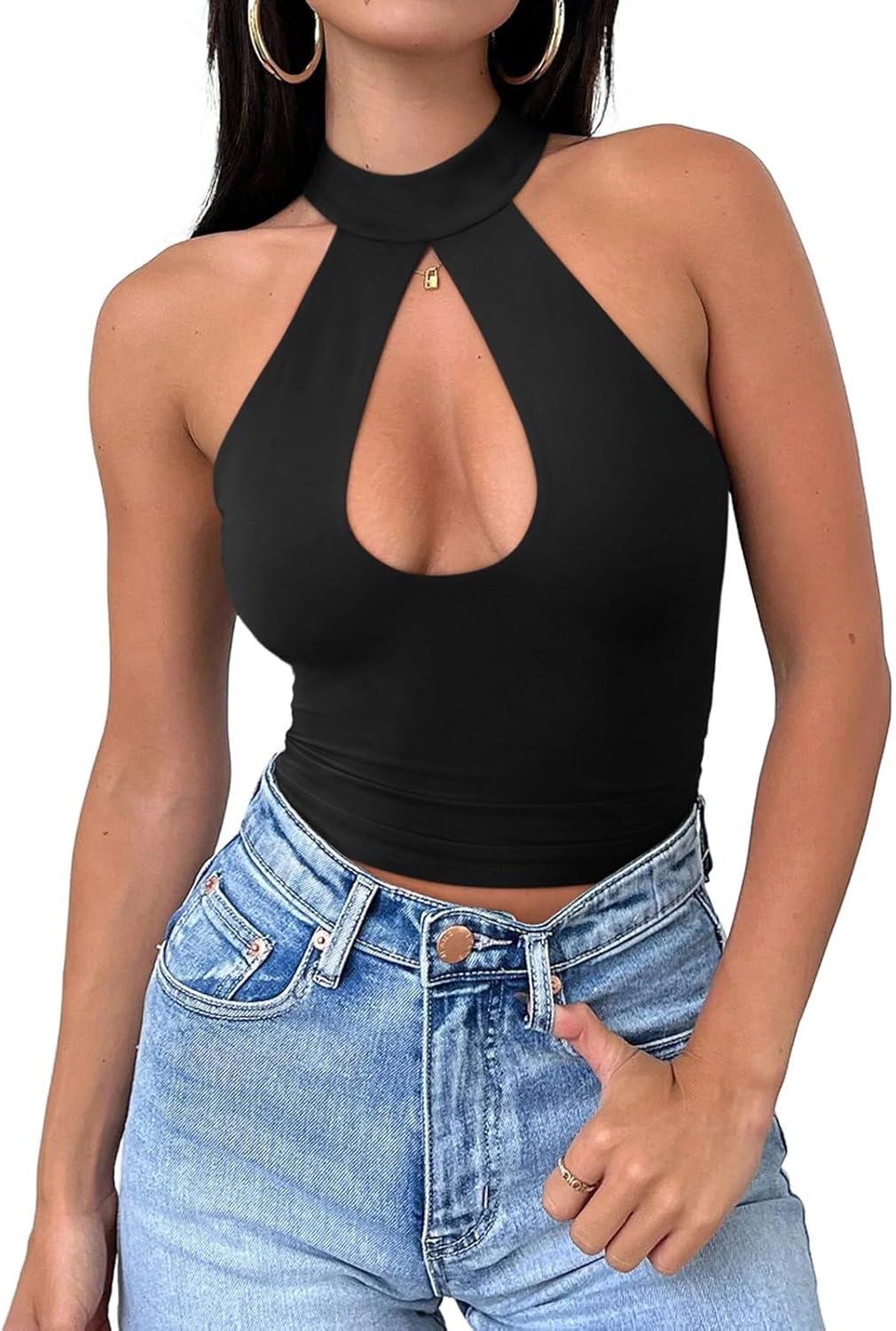 REORIA Women's Sexy Criss Cross Halter Neck Crop Tops Trendy Sleeveless Y2K Nightout Clubwear Going Out Tops