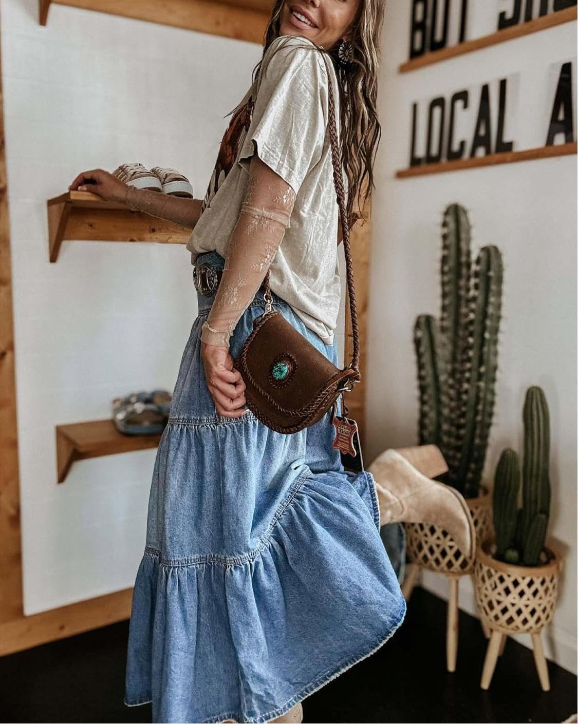 yoeasy Women's High Waist Denim Maxi Skirt Button Boho Flowy Pleated Tiered Ruffle Swing A-Line Jean Long Skirt - Image 5