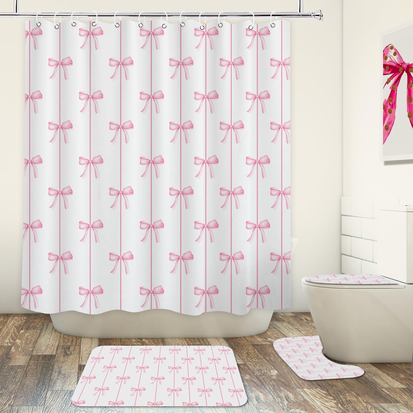 Faitove Pink Bow Shower Curtain Sets 4PCS with Rugs, Striped Bow Knot Shower Curtain Elegant Romantic Bathroom Decor Modern Aesthetic for Girls and Women Waterproof Polyester with Hooks, 72