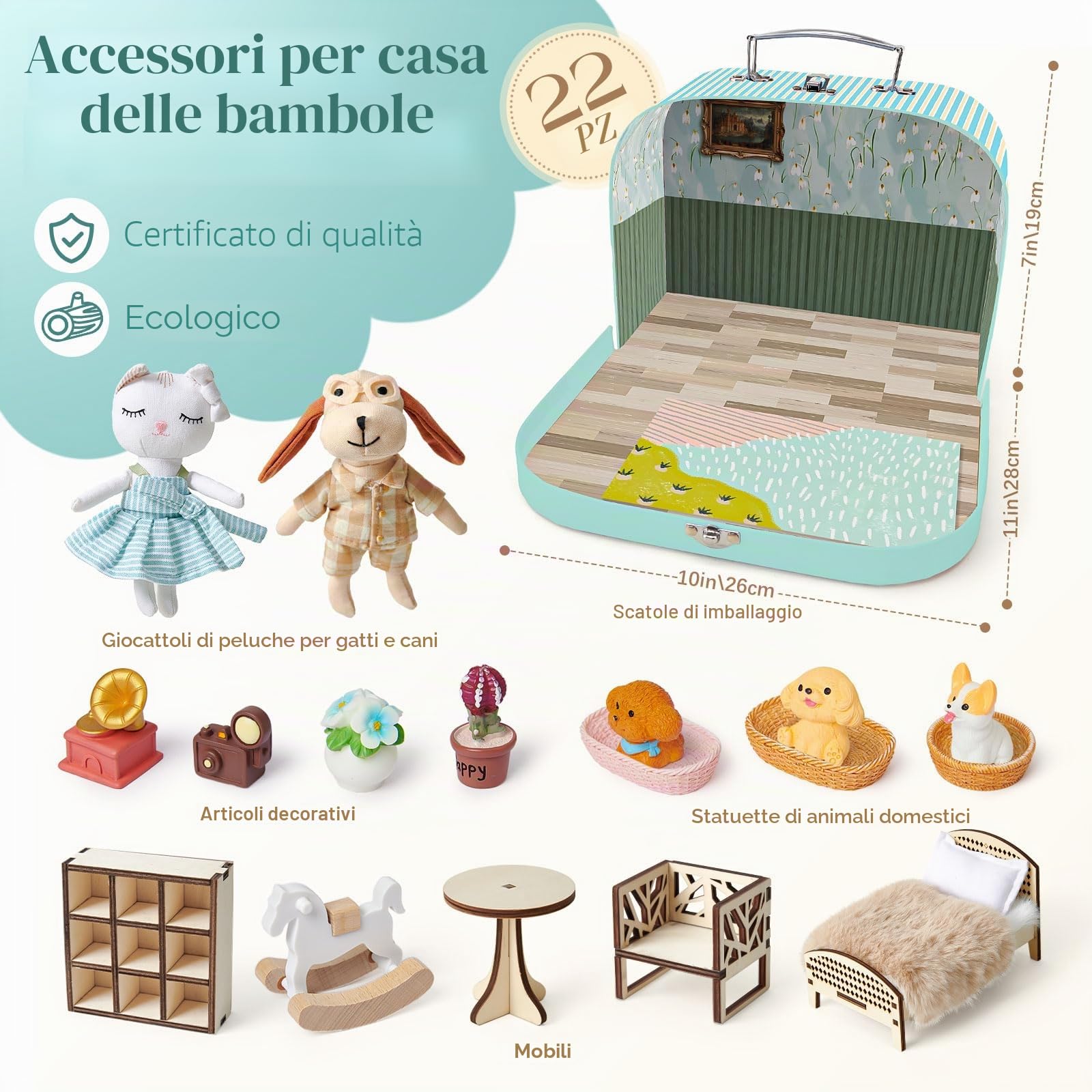 Casa delle Bambole Valigetta Portatile con Accessori, Mini Casa Fai-da-te con Gatto e Cane in Peluche, Mobili in Legno, Gioco di Ruolo, Regalo di Compleanno/Natale per Bambini e Bambine dai 3 Anni