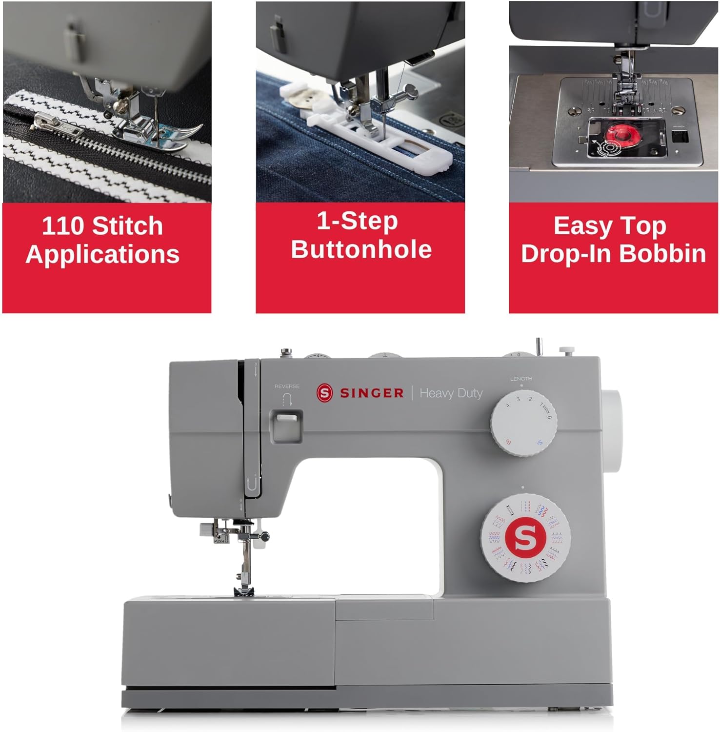 SINGER Heavy Duty 4452 High Speed Sewing Machine With Accessory Kit | Strong Motor with Enhanced Piercing Power, 110 Stitch Applications | Bobbin Winder for Sewing Machines - Class 15 and 15J Bobbins