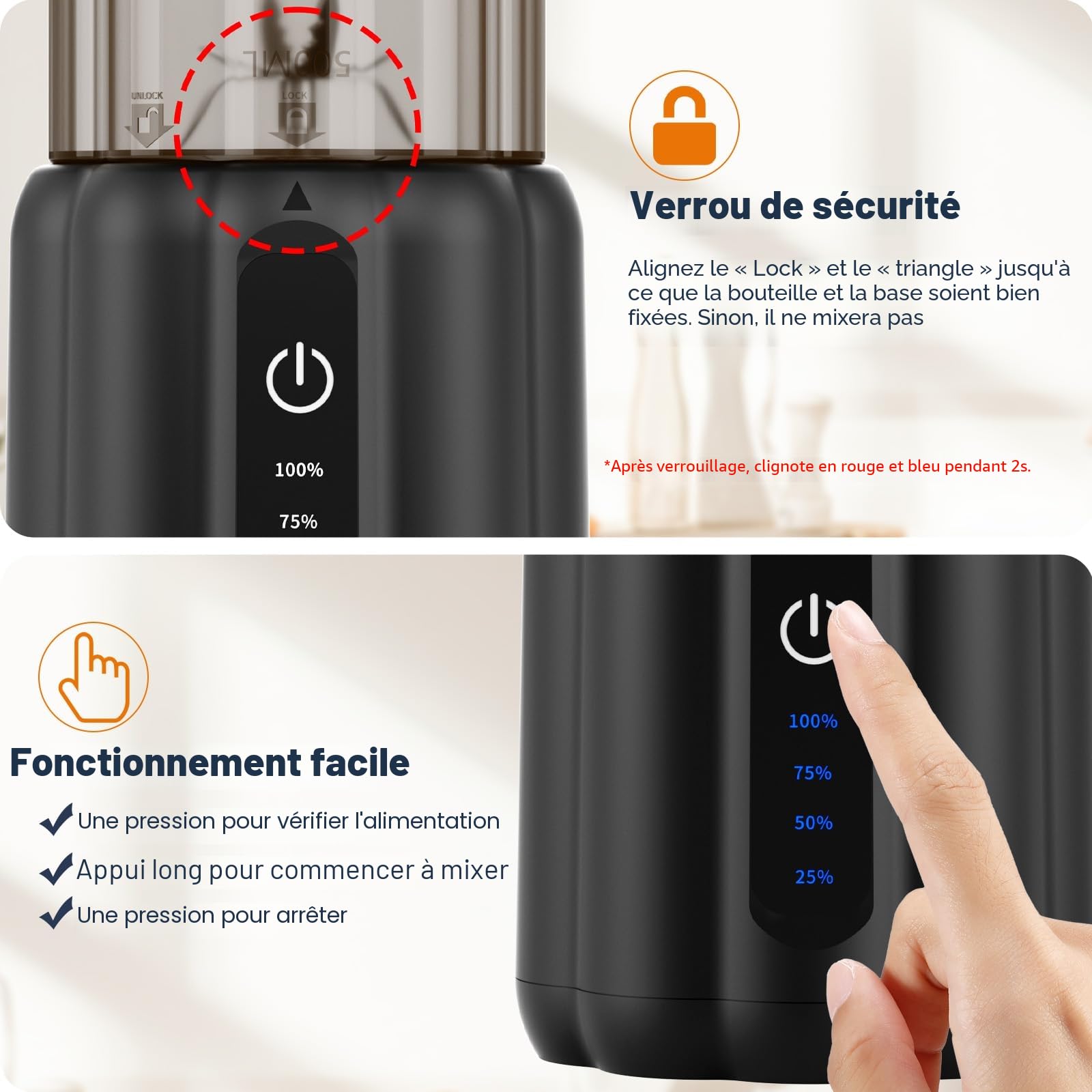 COKUNST Mixeur Portable pour Shakes et Smoothies, 22000 TR/min Puissant avec 6 Lames, 500 ml Mini Blender avec Couvercle de Voyage pour Cuisine, Salle de Sport, Bureau