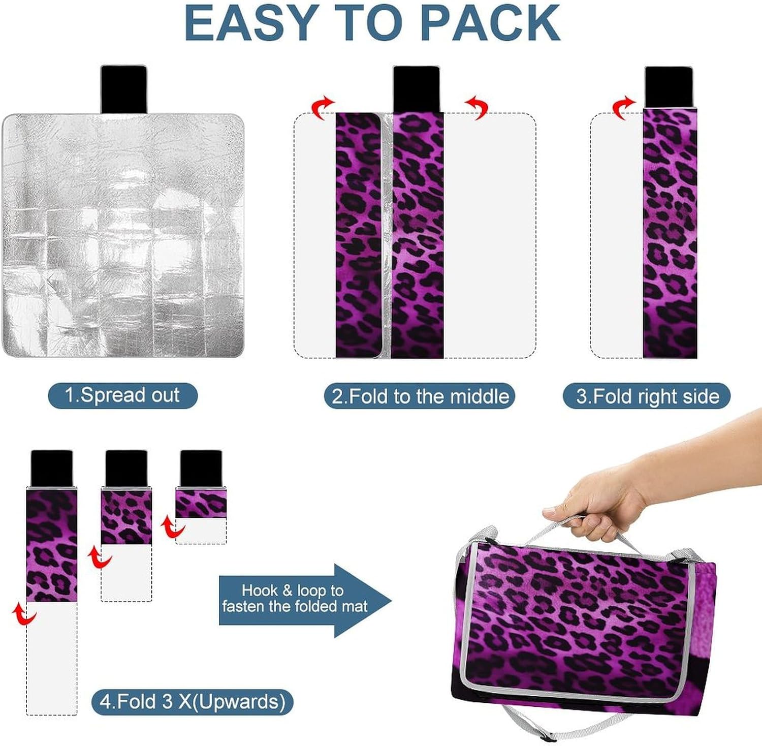 Purple Leopard Picnic Blanket Outdoor, Square Foldable Lightweight Waterproof Beach Mat (58.3" X 58.3"), Portable Travel Rug for Beach, Camping, Lawn, Parks & Family Picnics