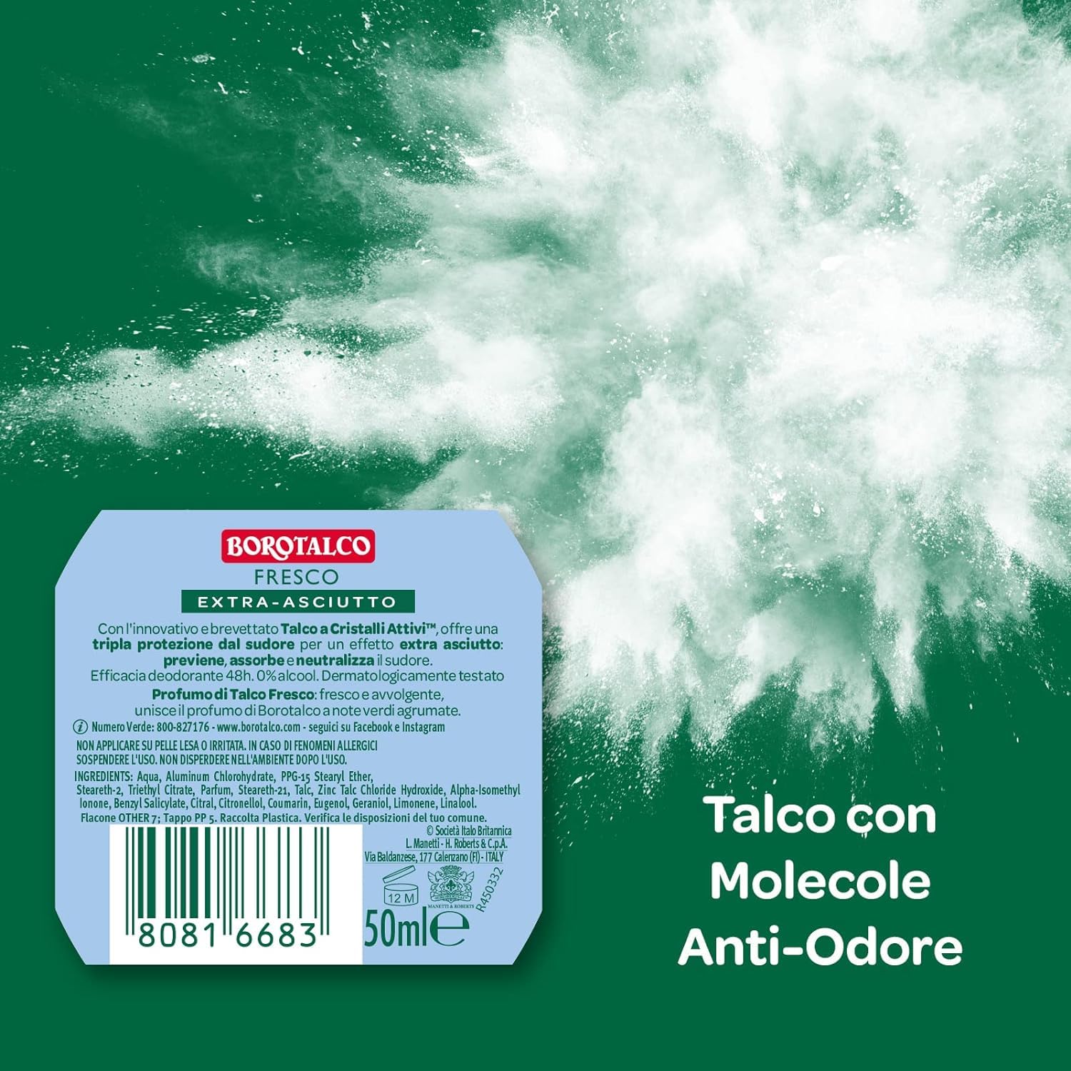 8x Borotalco Fresco Deodorante Deo Roll-On,Frischer Talkum-Duft,Dreifacher Schutz vor Schweiß und extra Trocken Effekt,50ml + Beni Culinari Kostenloser Schlüsselanhänger