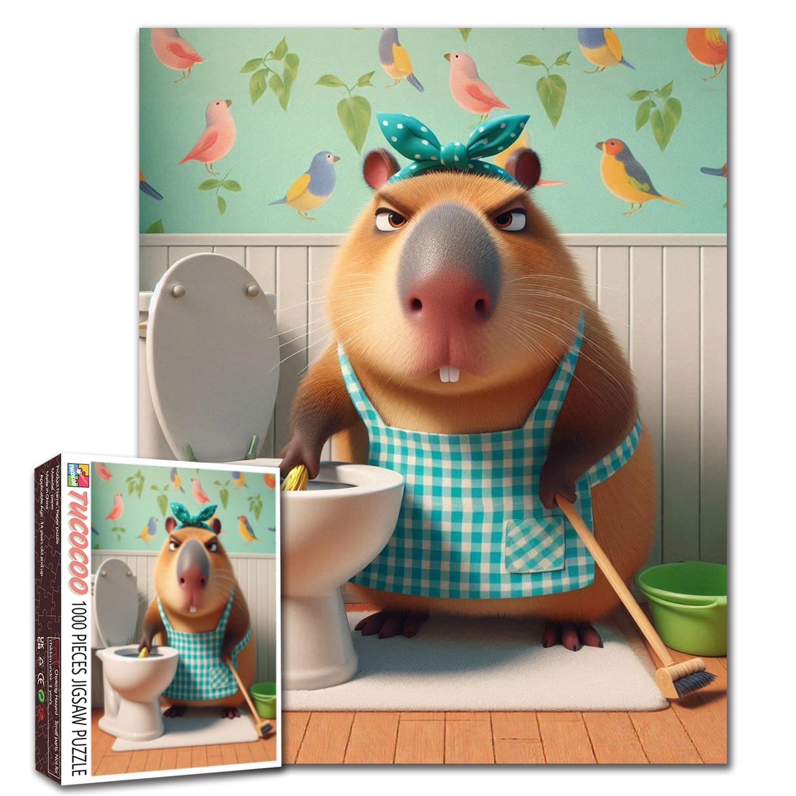 Funny Capybara Bathroom Puzzle 1000 Piece for Adults Humorous Animal Cleaning Toilet Puzzles Cute Rodent Colorful Cartoon Art Jigsaw Puzzle Relaxing Activity Family Game Unique Home Decor Gift — image 1