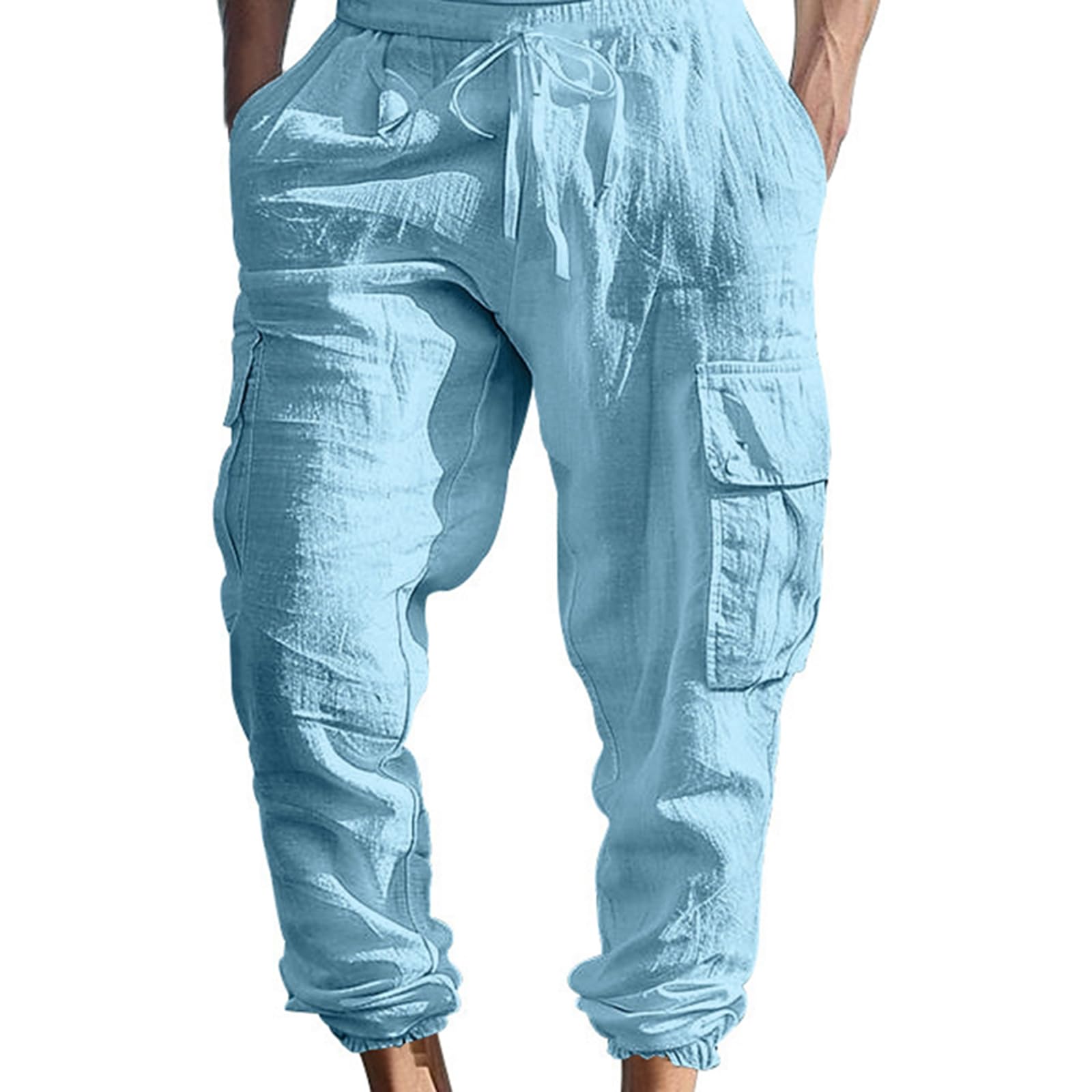 Men's Cargo Sweatpants Drawstring Joggers Relaxed Fit Stretch Linen Cotton Casual Pants with Pockets