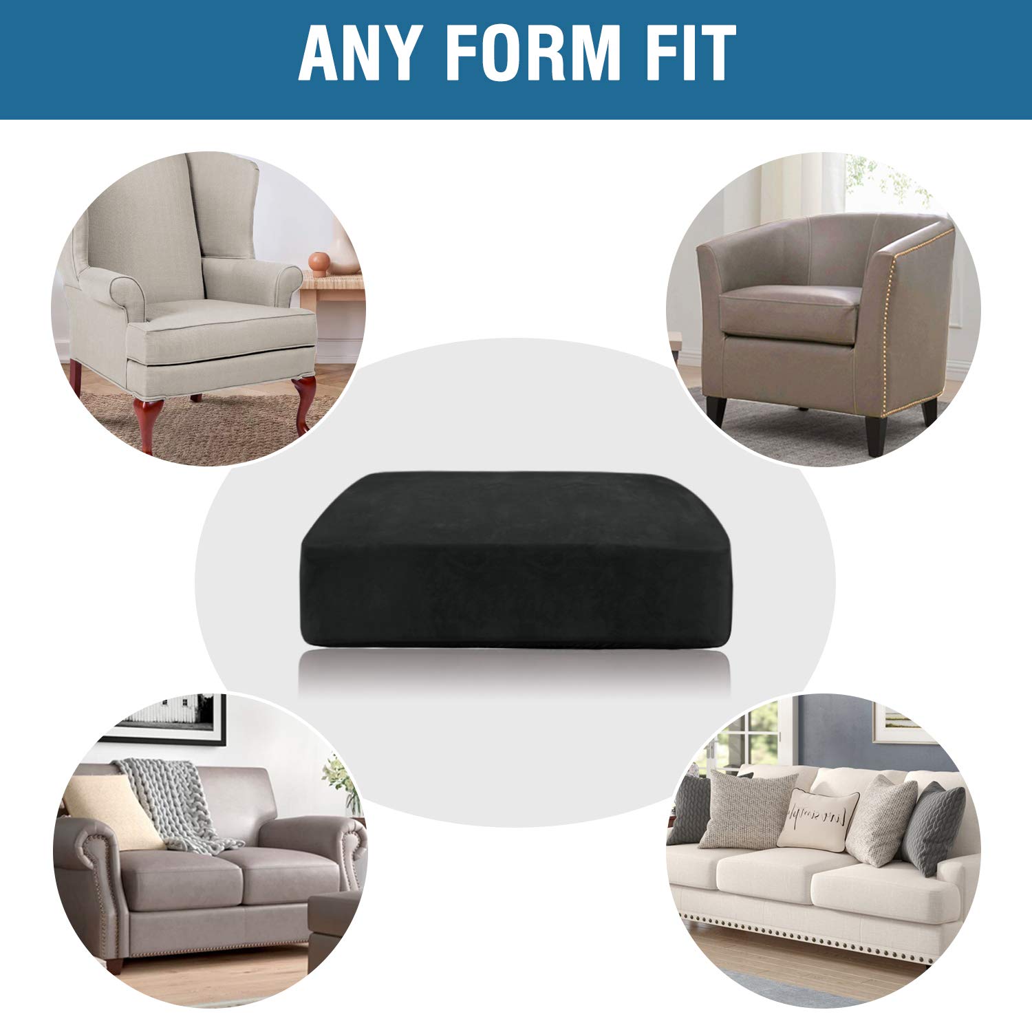 H.VERSAILTEX Velvet Stretch Couch Cushion Cover Plush Cushion Slipcover for Chair Loveseat Cushion Furniture Protector Seat Cushion Sofa Cover with Elastic Bottom Washable (3 Packs, Black)