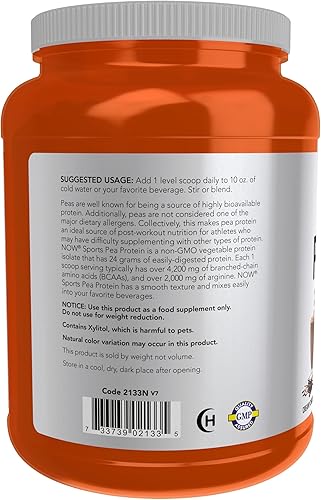 Miniatura 3 de NOW Sports Nutrition, Proteína de guisante 0.85 oz, fácil de digerir, chocolate cremoso en polvo, 2 libras
