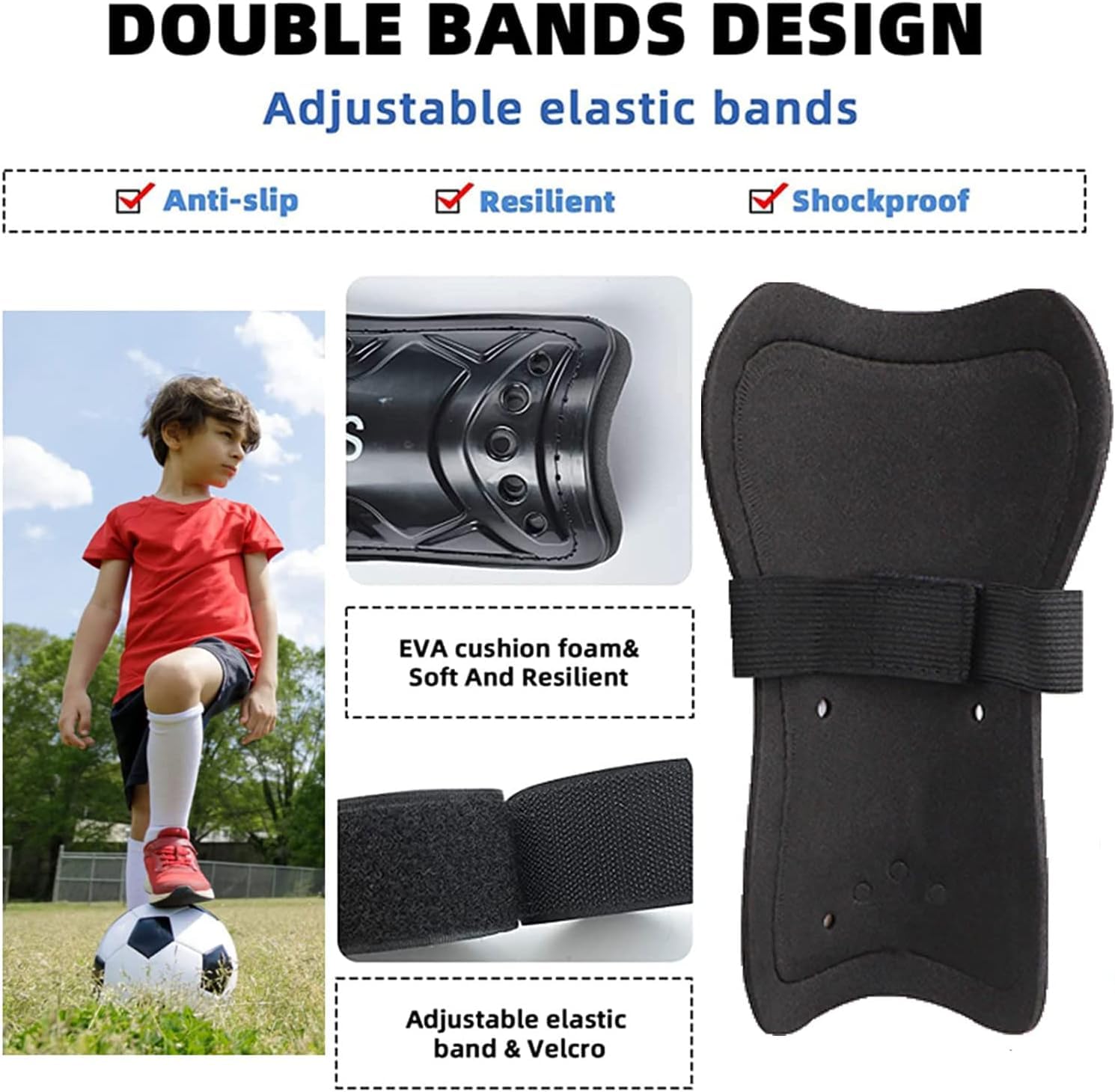 2 pares de espinilleras de fútbol para niños pequeños y jóvenes, espinilleras de fútbol con doble correa ajustable para adolescentes de 3 a 14 años, equipo de protección ligero para pantorrillas para