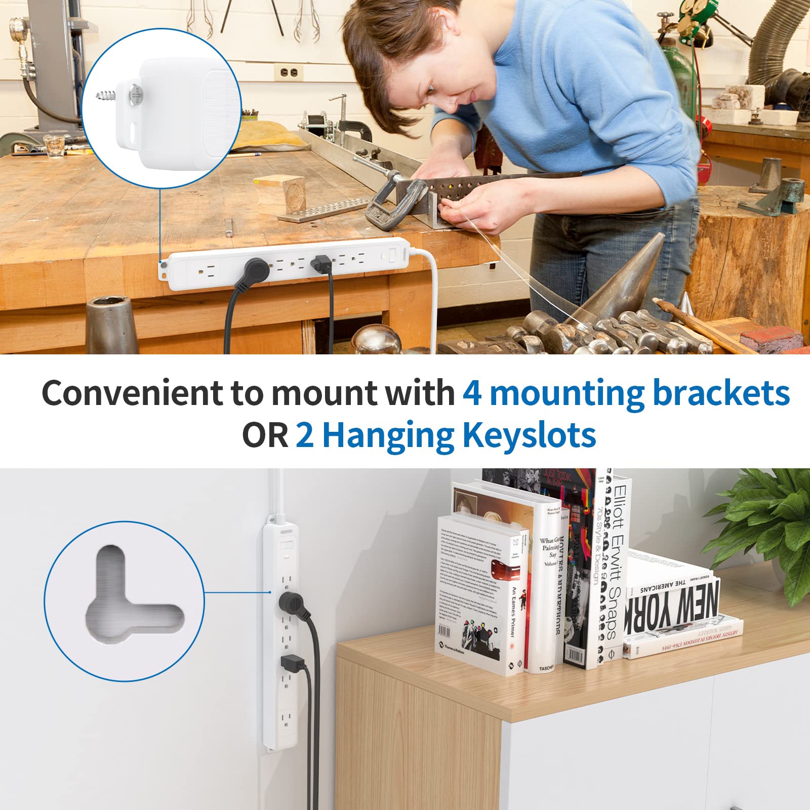 25 ft Extension Cord, NTONPOWER Long Surge Protector, 15A Heavy Duty Extension Cord, Wall Mount, 7 Outlets Desktop Charging Station for Kitchen Home Office Workbench, White, 1080 J